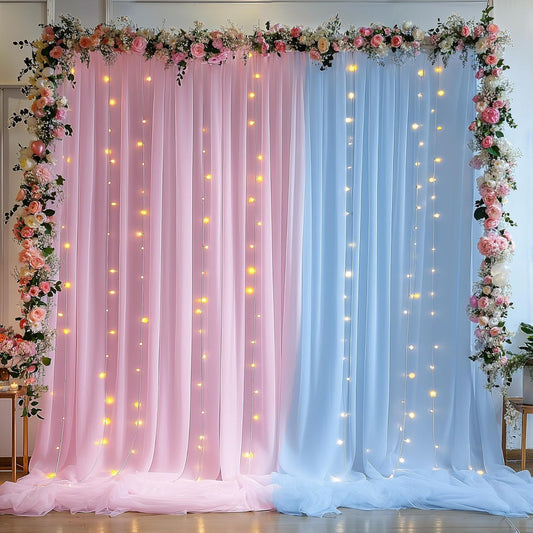 10×10ft Pink Blue Tulle Backdrop Curtain with Lights String for Parties, Sheer Photo Backdrop Curtains for Wedding Party Photography Background