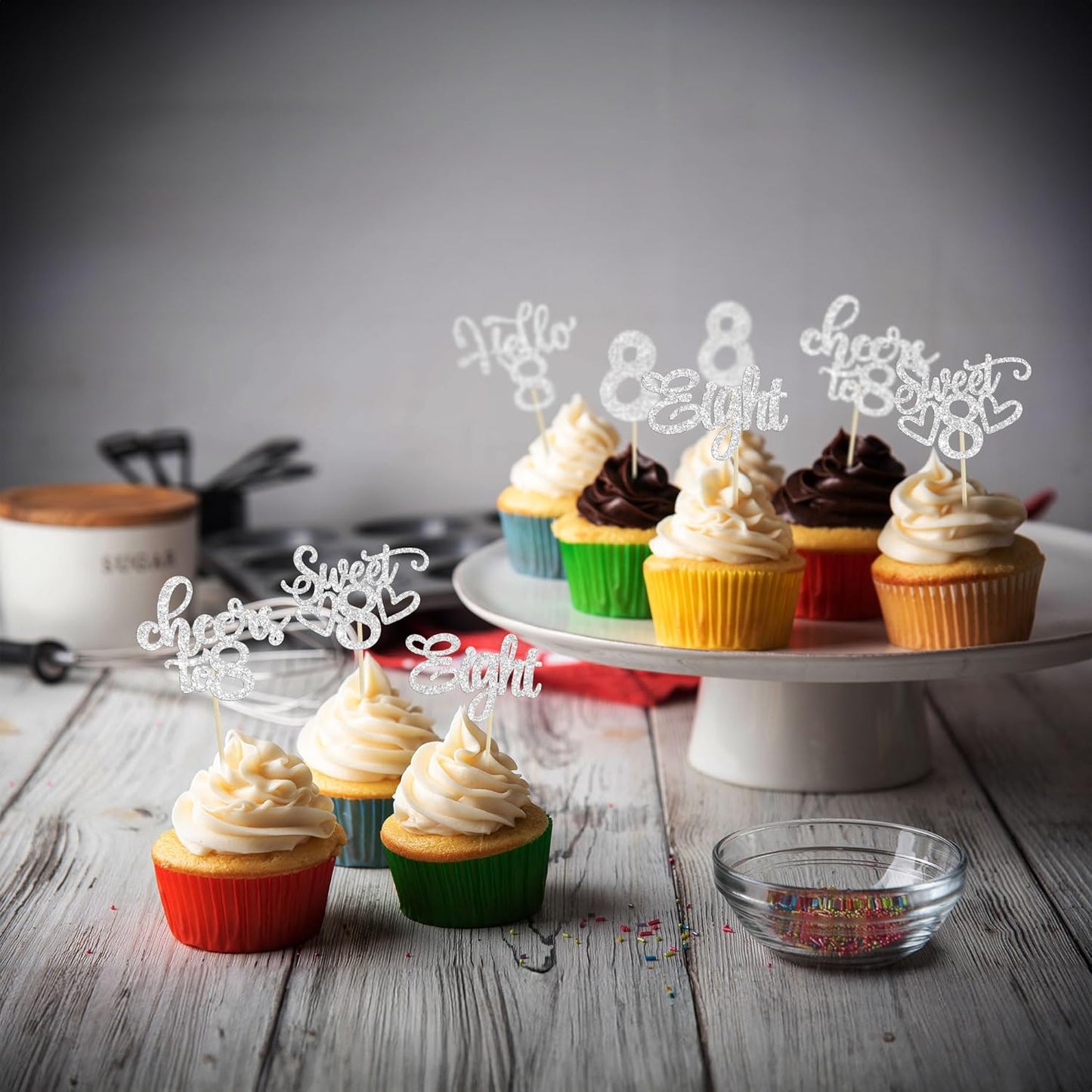 30Pcs 8th Birthday Cupcake Toppers Glitter Eight Hello 8 Cupcake Picks Cheers to 8 Years Old Cake Decorations for 8th Birthday Party Supplies Silver