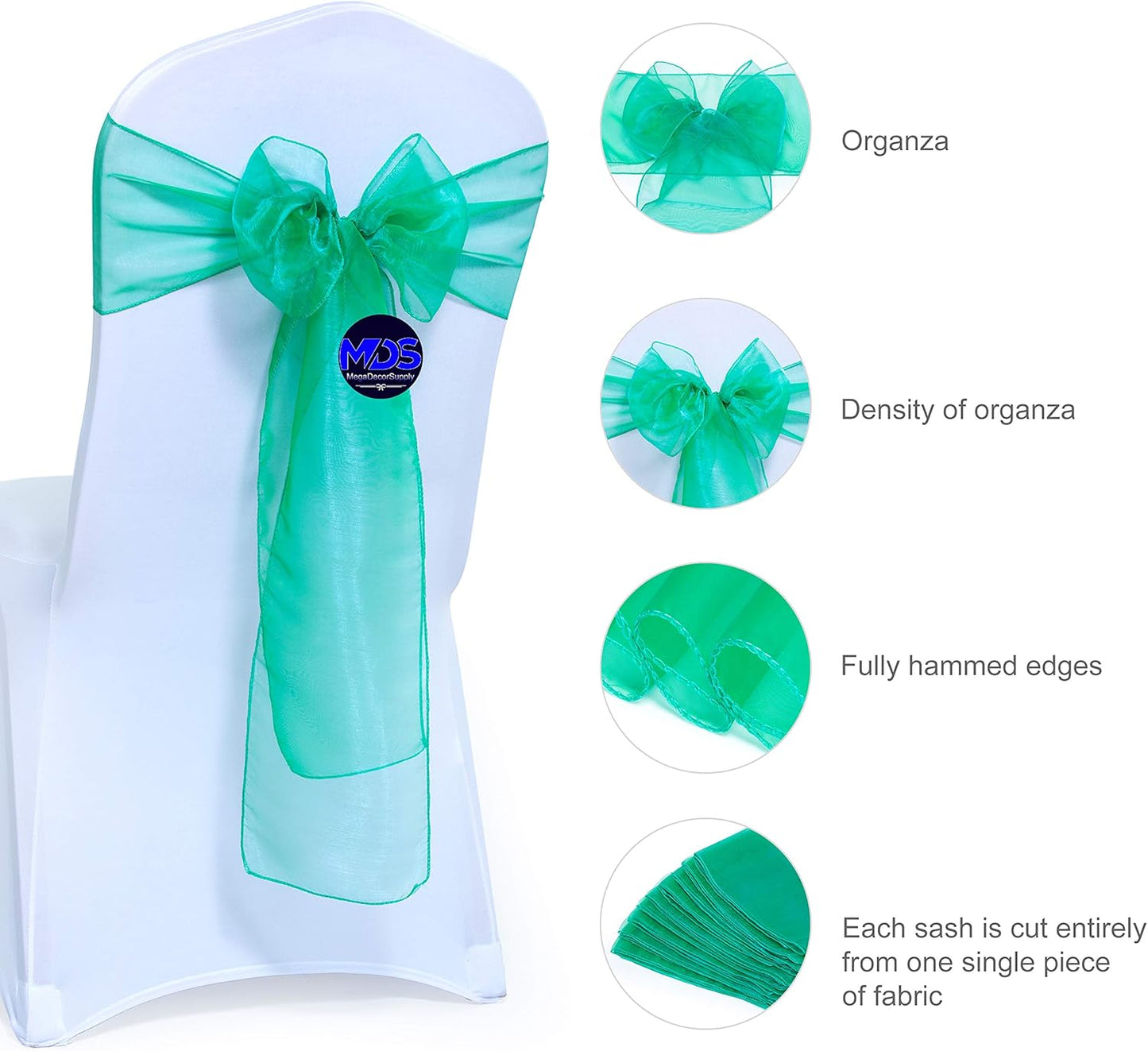 MDS Pack of 125 PCS Organza Chair Sashes Wider Dining Chair Bows Ribbon Tie Back for Wedding Party Birthday Bridal Shower Reception Event Banquet Home Chair Cover Decoration - Green