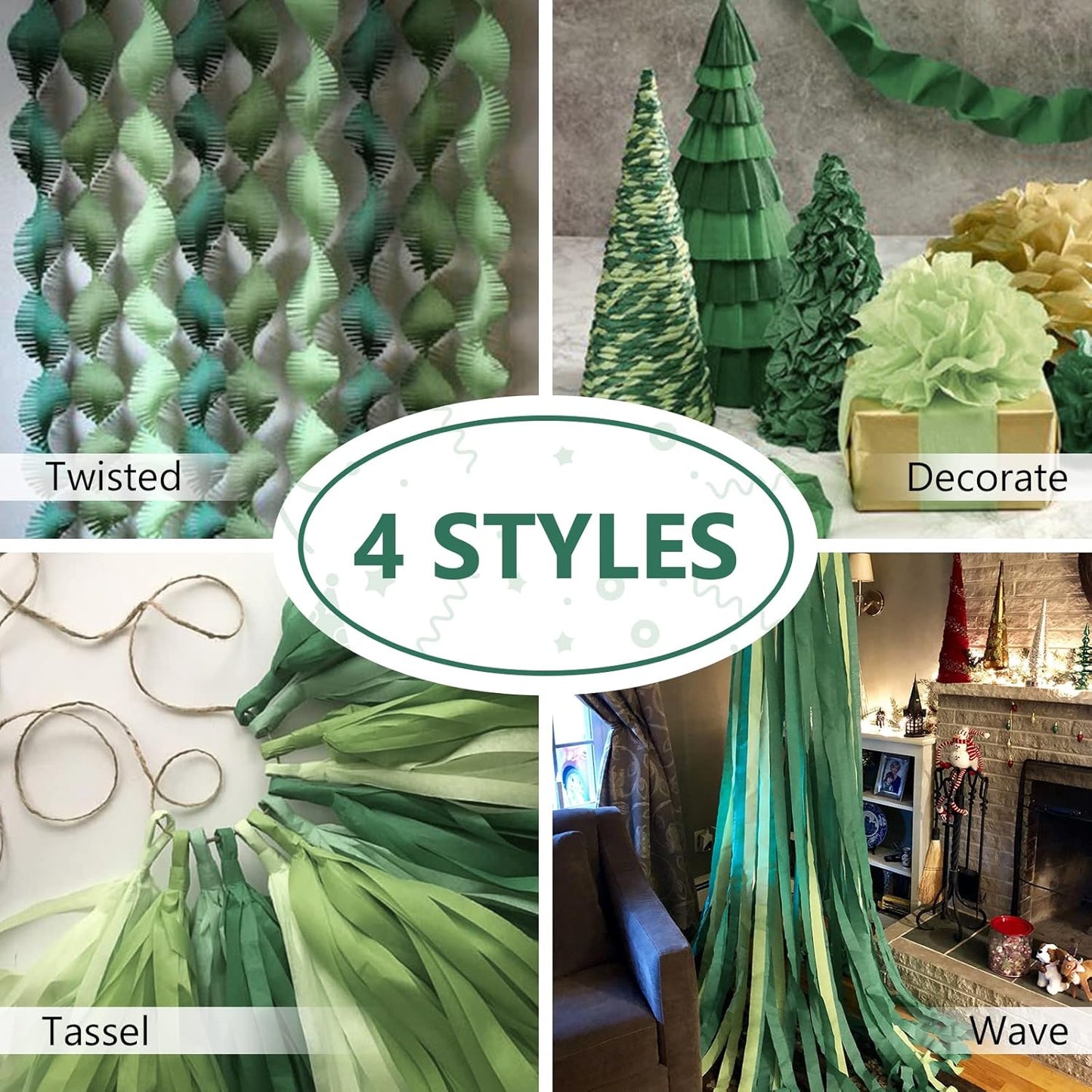 PartyWoo Dark Green Crepe Paper Streamers 4pcs 328ft Pack of Sage Emerald Forest Hunter Green Crepe Paper Streamers for Birthday Baby Shower Woodland Dinosaur Jungle Football Theme Party Decorations