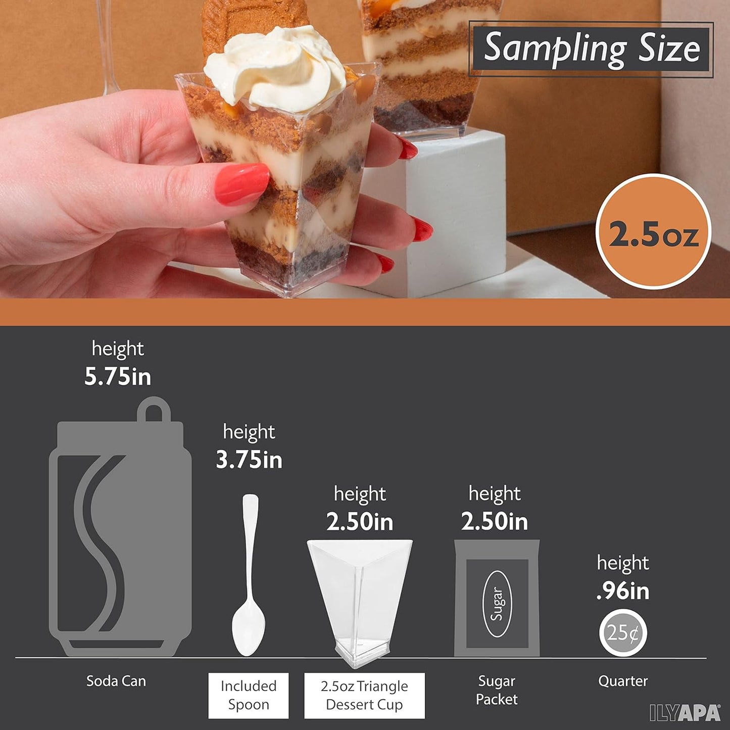 Ilyapa 3oz Plastic Dessert Cups - 100 Pack Mini Dessert Cups with Spoons - Clear Reusable Small Appetizer Cup for Cheesecake Shooters, Chocolate Mousse - Party and Catering Supplies - Triangle