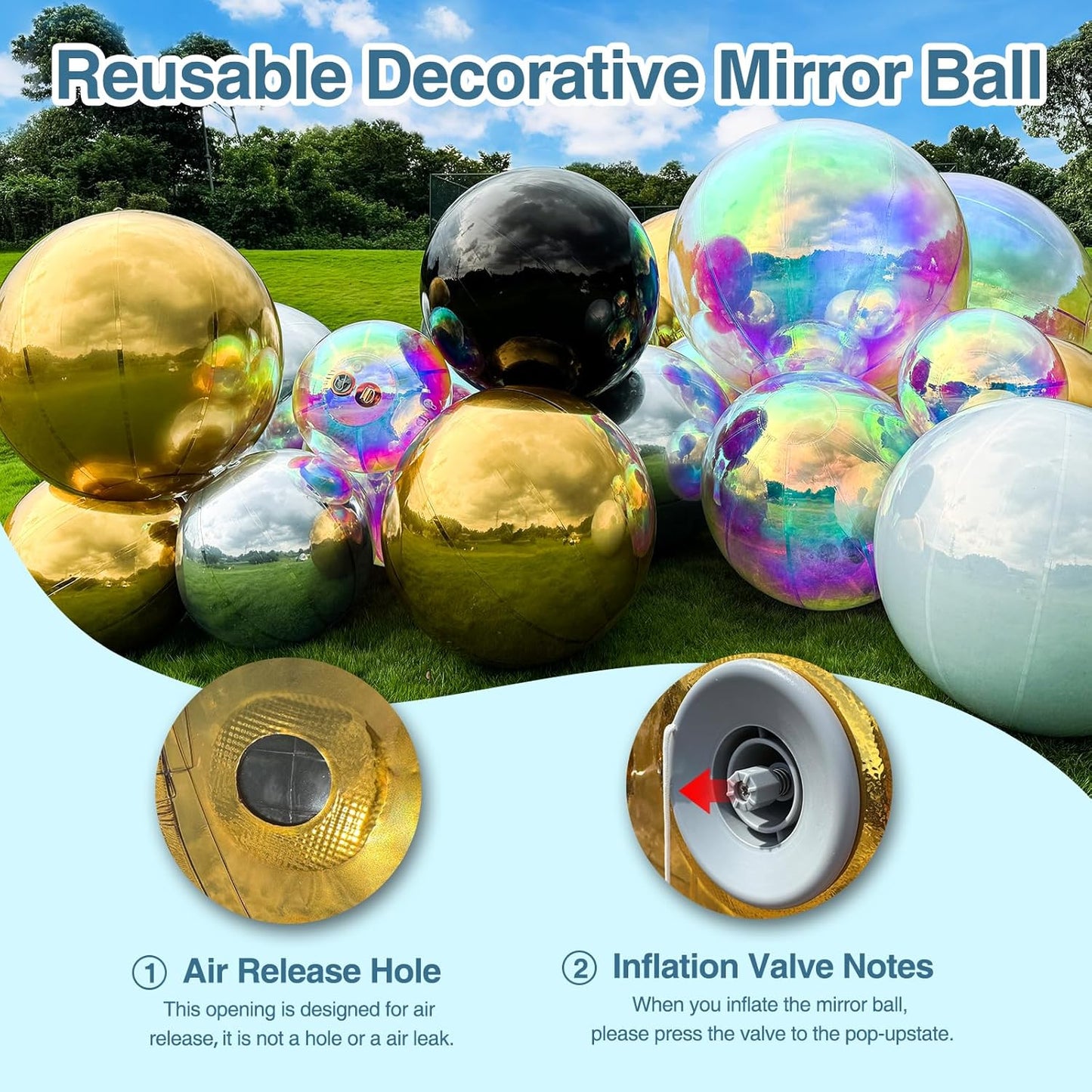 Inflatable Mirror Ball, Silver Big Shinny Balls Reusable Large PVC Disco Ball Balloon for Large Event Decoration, Party, Wedding Decor, Concerts, Stage (1 Pcs, 1m/39.4in Without Air Pump)