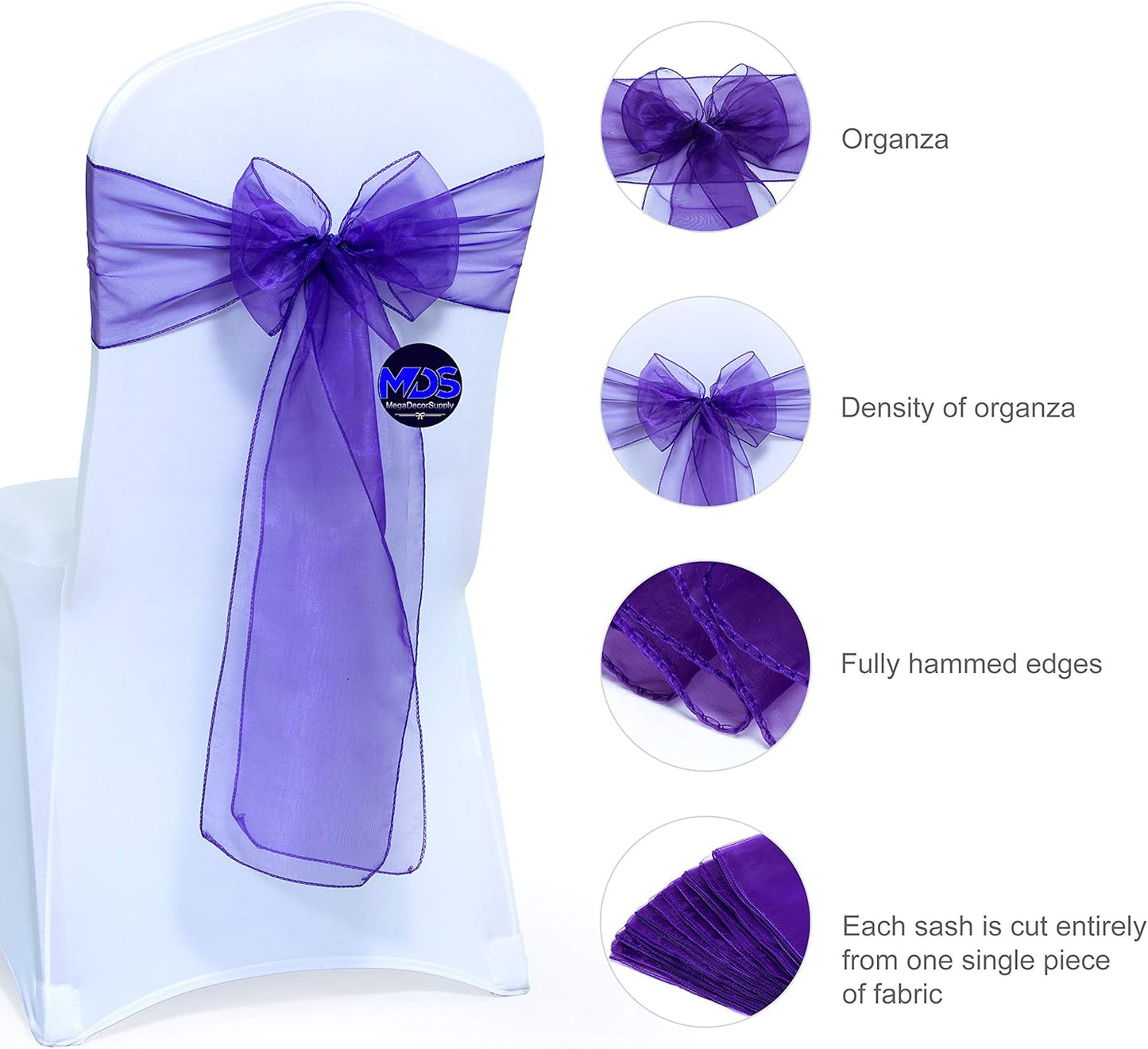 MDS Pack of 50 PCS Organza Chair Sashes Wider Dining Chair Bows Ribbon Tie Back for Wedding Party Birthday Bridal Shower Reception Event Banquet Home Chair Cover Decoration - Purple