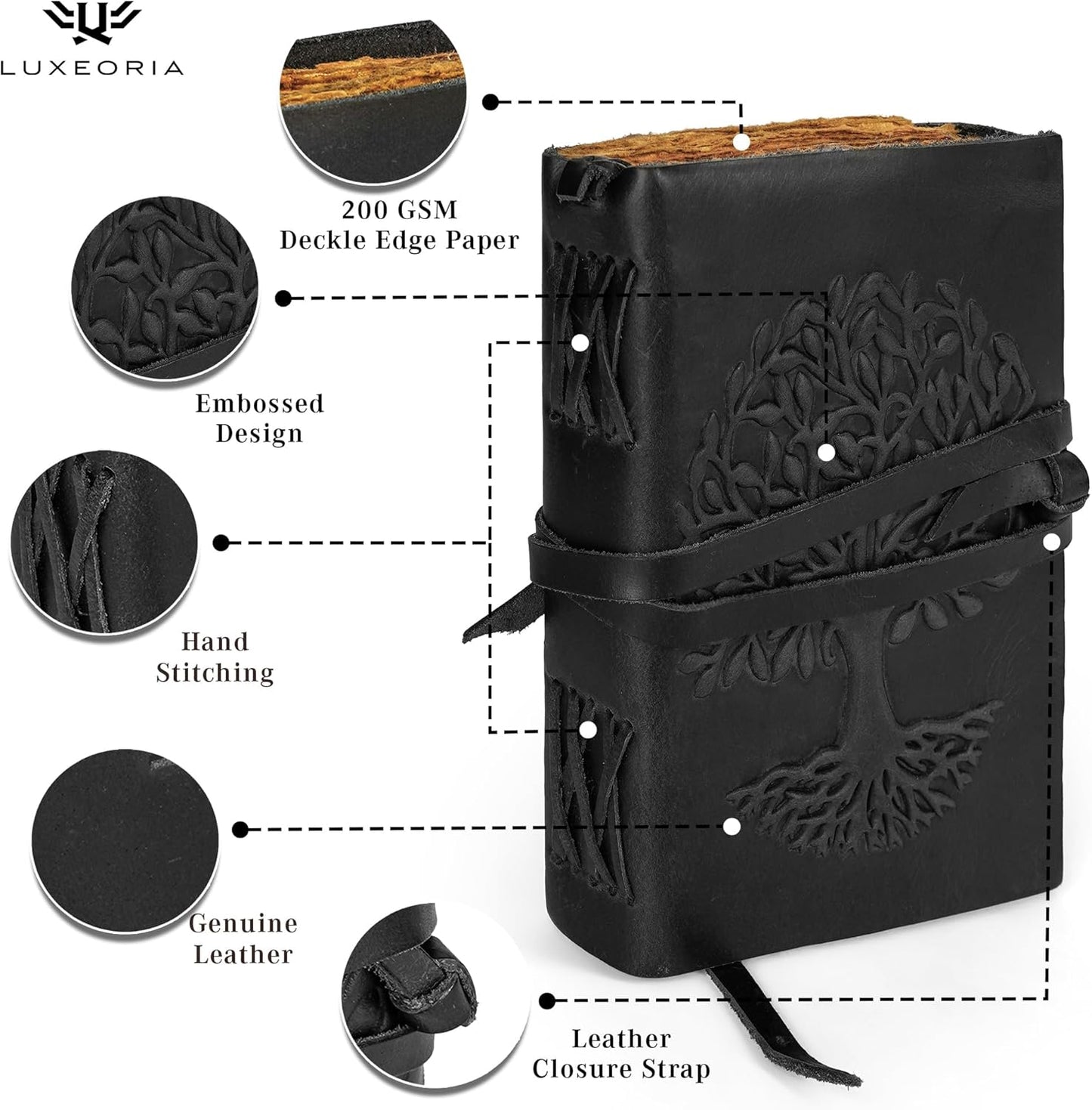 LUXEORIA Tree Of Life Leather Journal for Women and Men, Handcrafted Leather Journal for Writing Womens, Sketchbook, Travel Diary with Unlined Deckle Paper, Black 5x7