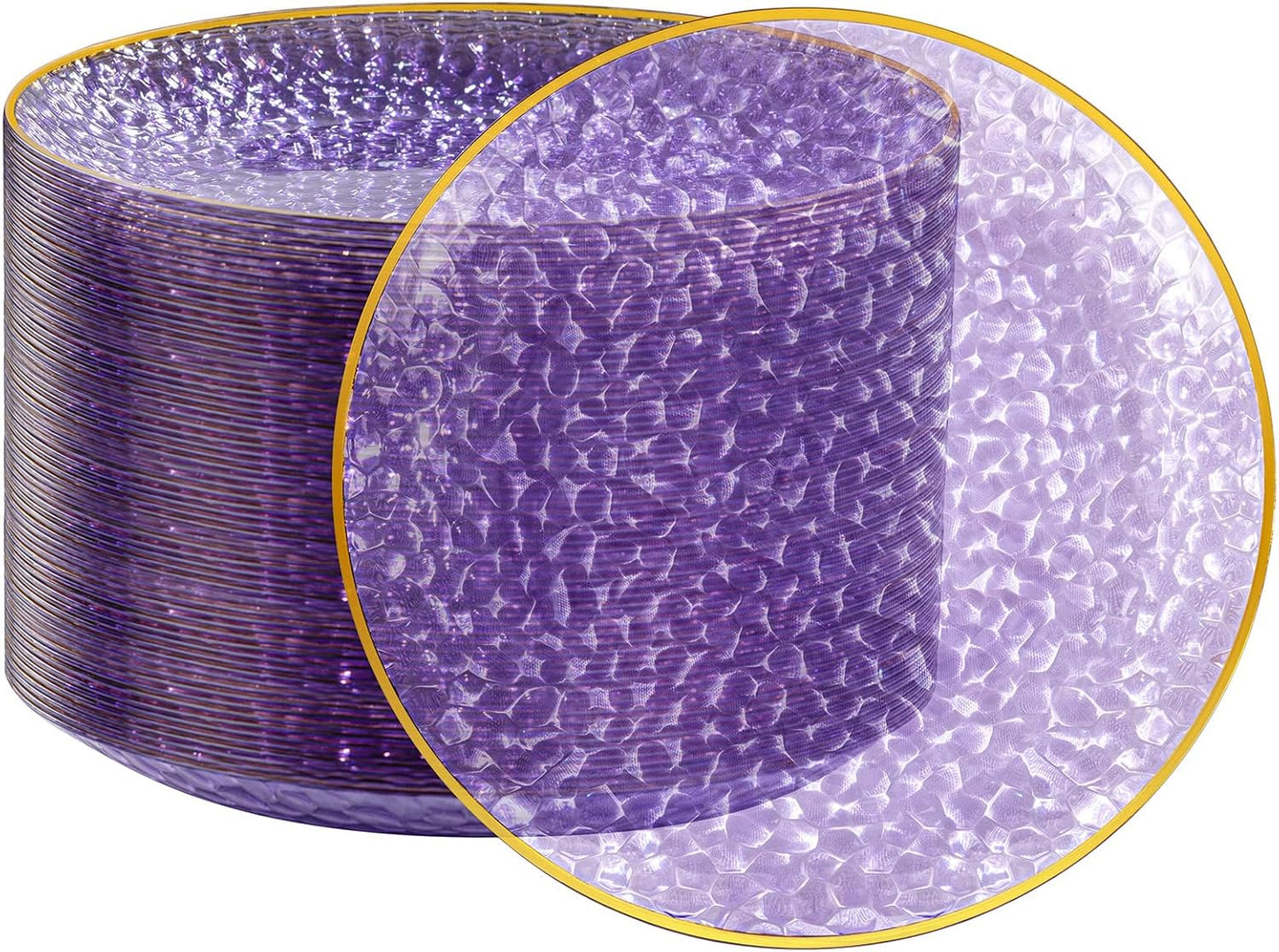 Rubtlamp 100Pcs Plastic Purple Dinner Plates, Heavy Duty 10 Inch Gold Disposable Plates, Hammered Purple Plates with Gold Rim, Fancy Plastic Plates for Weeding Parties