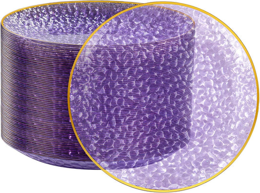 Rubtlamp 100Pcs Plastic Purple Dinner Plates, Heavy Duty 10 Inch Gold Disposable Plates, Hammered Purple Plates with Gold Rim, Fancy Plastic Plates for Weeding Parties