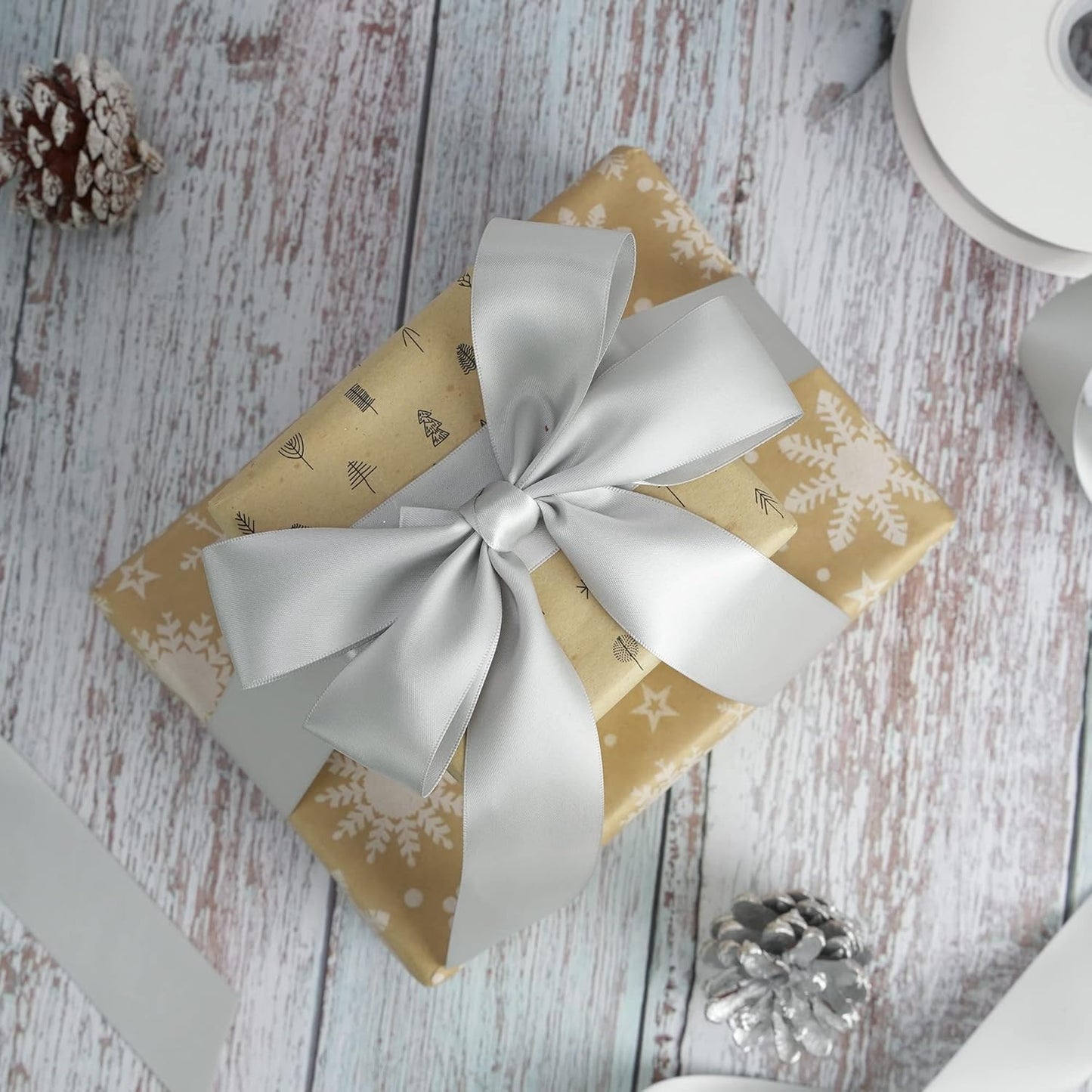 HUIHUANG Silver Ribbon Satin 1-1/2" Wide Double Face Polyester Satin Ribbons for Crafts, Thick Silk Ribbon for Gift Wrapping Hair Bows Floral Bouquet Cake Box Christmas Decor Party Favor - 50 Yards