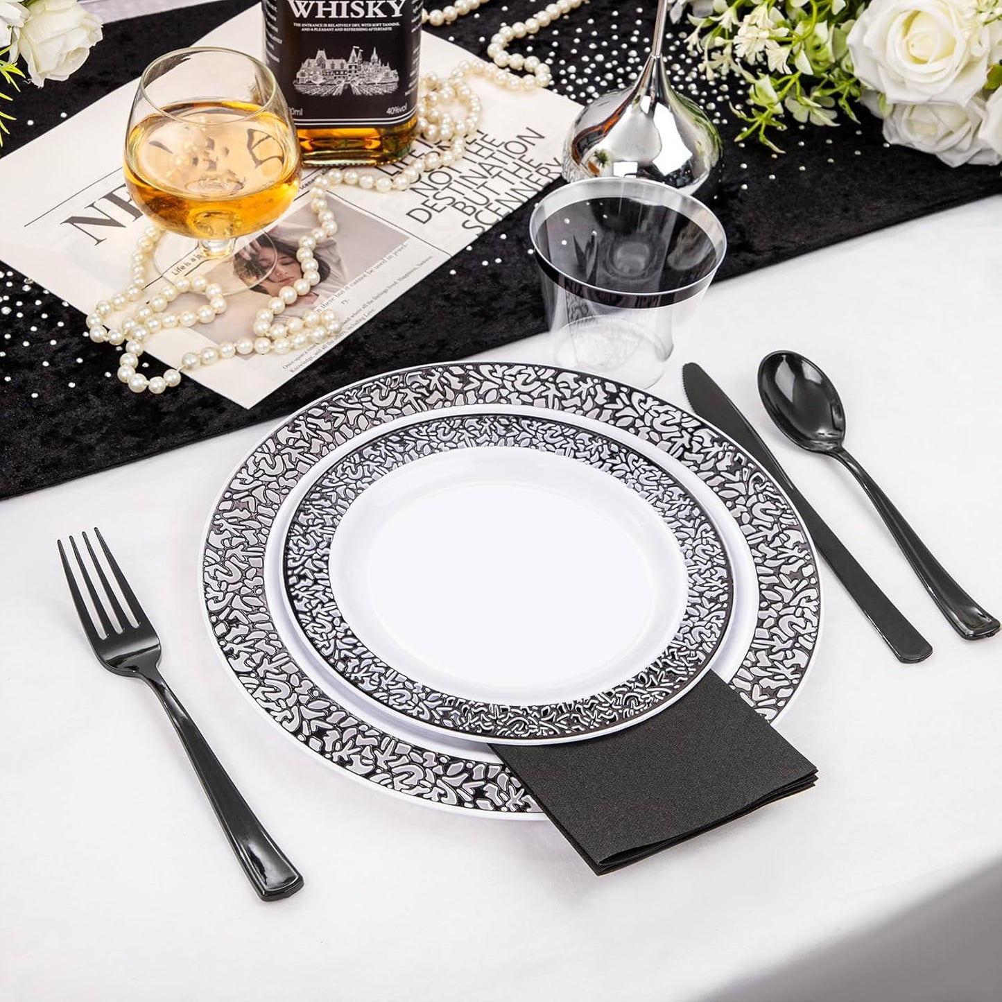 WELLIFE 350Pcs Black Plastic Dinnerware and Napkins Party Supplies Include:50 Dinner Plates, 50 Dessert Plates, 50 Napkins, 50 Cups and 50 Plastic Cutlery