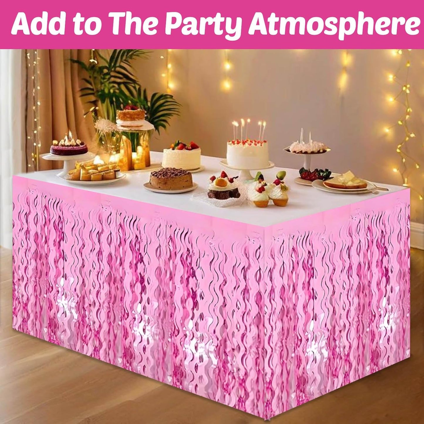 6 Pack 29x108 Inch Pink Wave Foil Fringe Table Skirts Metallic Banner for Tinsel Streamer Garland Backdrop for Parade Floats Wedding, Mother's Day, Birthday Mardi Gras Party Decorations