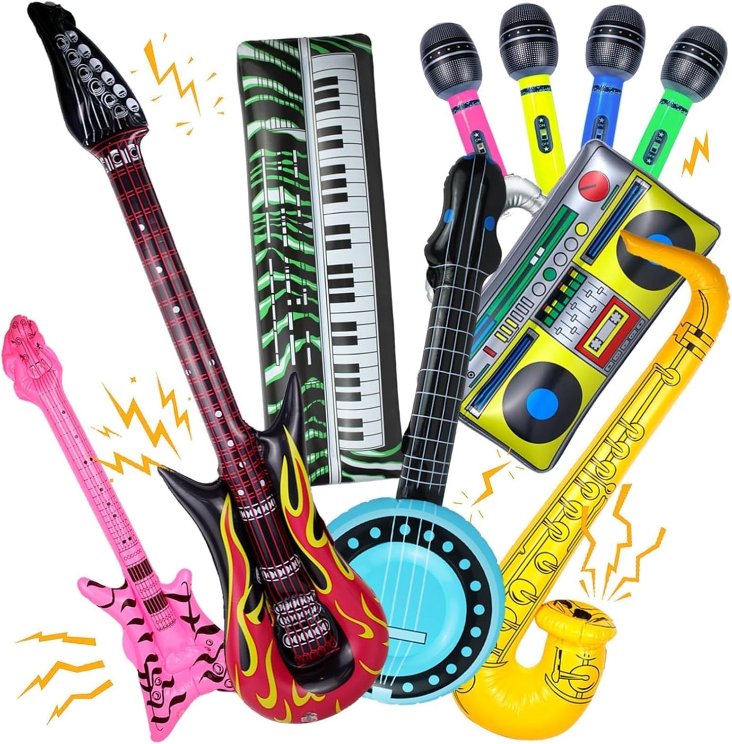 10 Pieces Inflatable Instruments Party Props Set Photo Booth Props Inflatable Guitar Saxophone Bass Lute Microphone Recorder Piano Theme Party Rock Toys Decorated Vintage Period Party