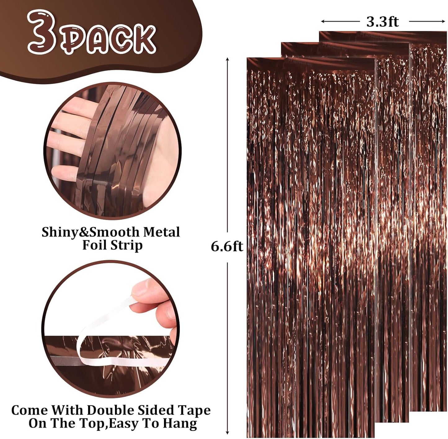 3 Pack 3.3 x 6.6 ft Brown Foil Fringe Backdrop Curtains, Tinsel Streamers Party Decorations, Fringe Backdrop for Birthday, Baby Shower, Gender Reveal, Graduation