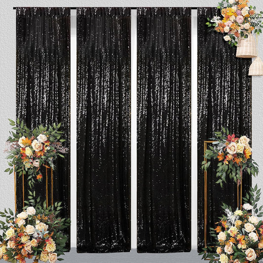 Juya Delight Black Sequin Backdrop Curtain,4PCS 2FTx8ft Glitter Backdrop Curtain for Party,Birthday,Christmas Wedding Decoration