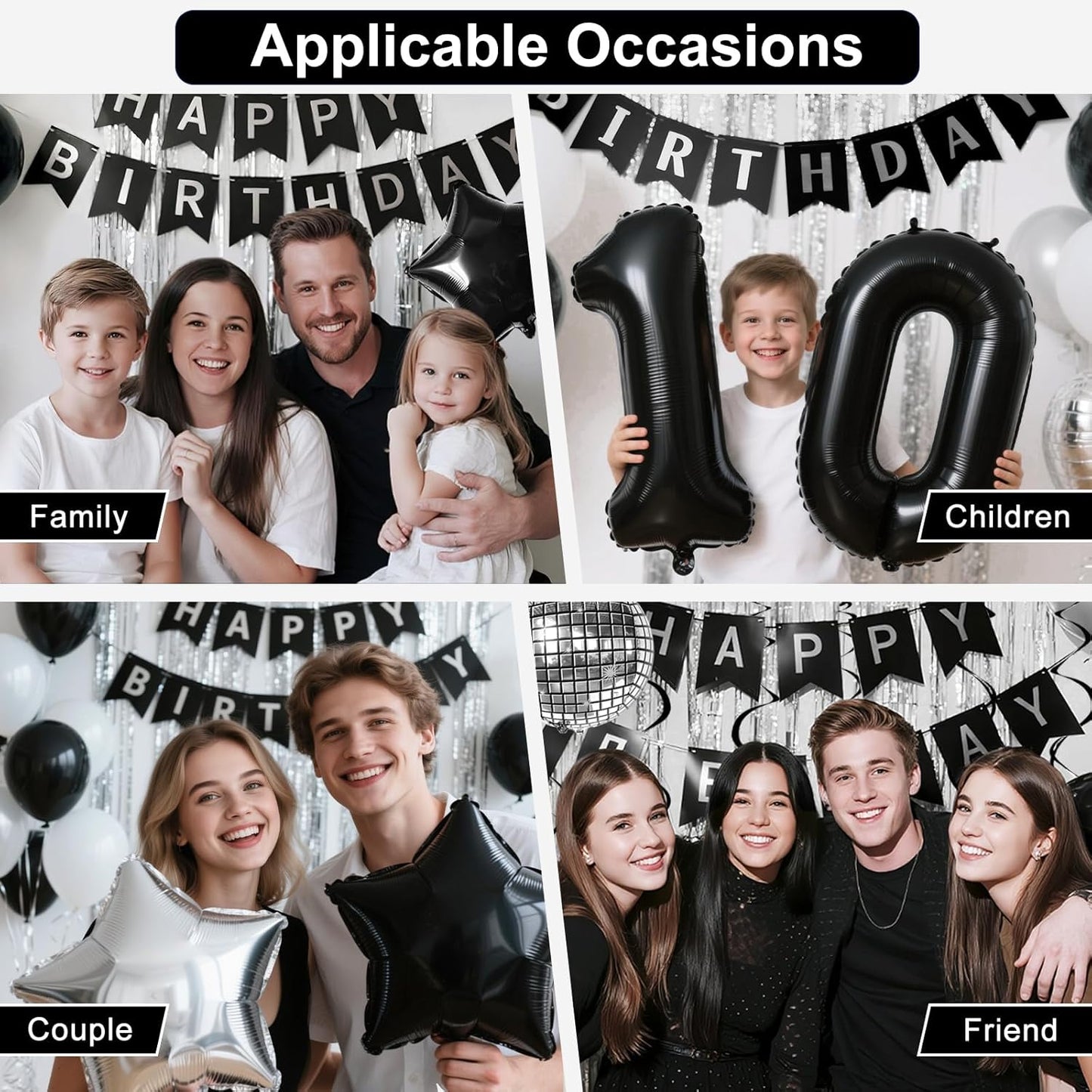 39th Birthday Decorations for Men Women, Black Silver Happy Birthday Party Decorations， 39 Year Old Party Supplies with Number 39 Balloons, Banner, Fringe Curtains Kit