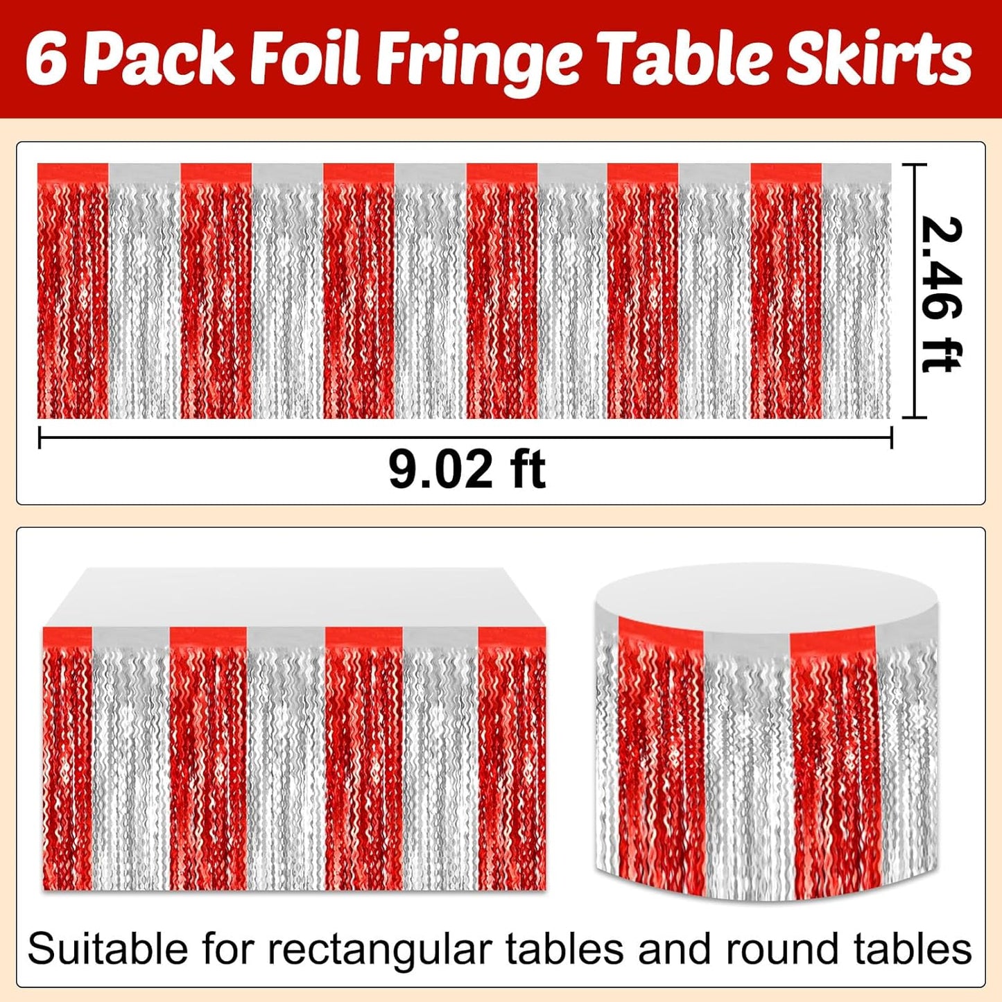 6 Pack 29x108 Inch Red Silver Wave Foil Fringe Table Skirts Metallic Banner for Tinsel Streamer Garland Backdrop for Parade Floats Wedding, Mother's Day, Birthday Mardi Gras Party Decorations