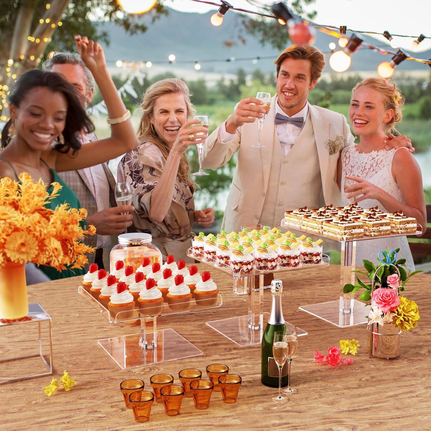 3 Piece Cupcake Stand, Acrylic Dessert Table Display Set, Clear Square Serving Trays for Birthday, Wedding, Baby Shower