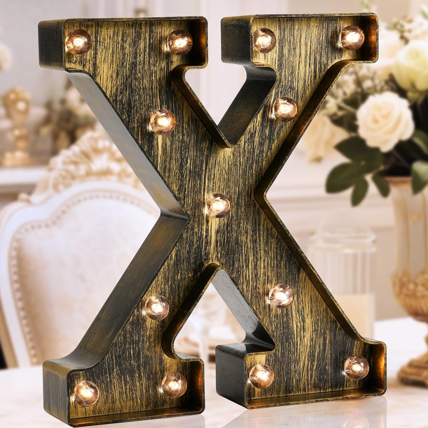 OYCBUZO Golden Black Led Marquee Letter - Industrial, Vintage Style Light Up Alphabet Letter Sign for Cafe Wedding Birthday Party Christmas Lamp Home Bar Initials Decor - X