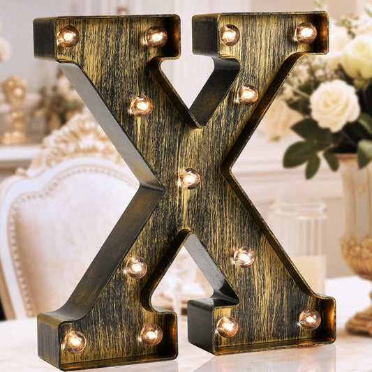 OYCBUZO Golden Black Led Marquee Letter - Industrial, Vintage Style Light Up Alphabet Letter Sign for Cafe Wedding Birthday Party Christmas Lamp Home Bar Initials Decor - X