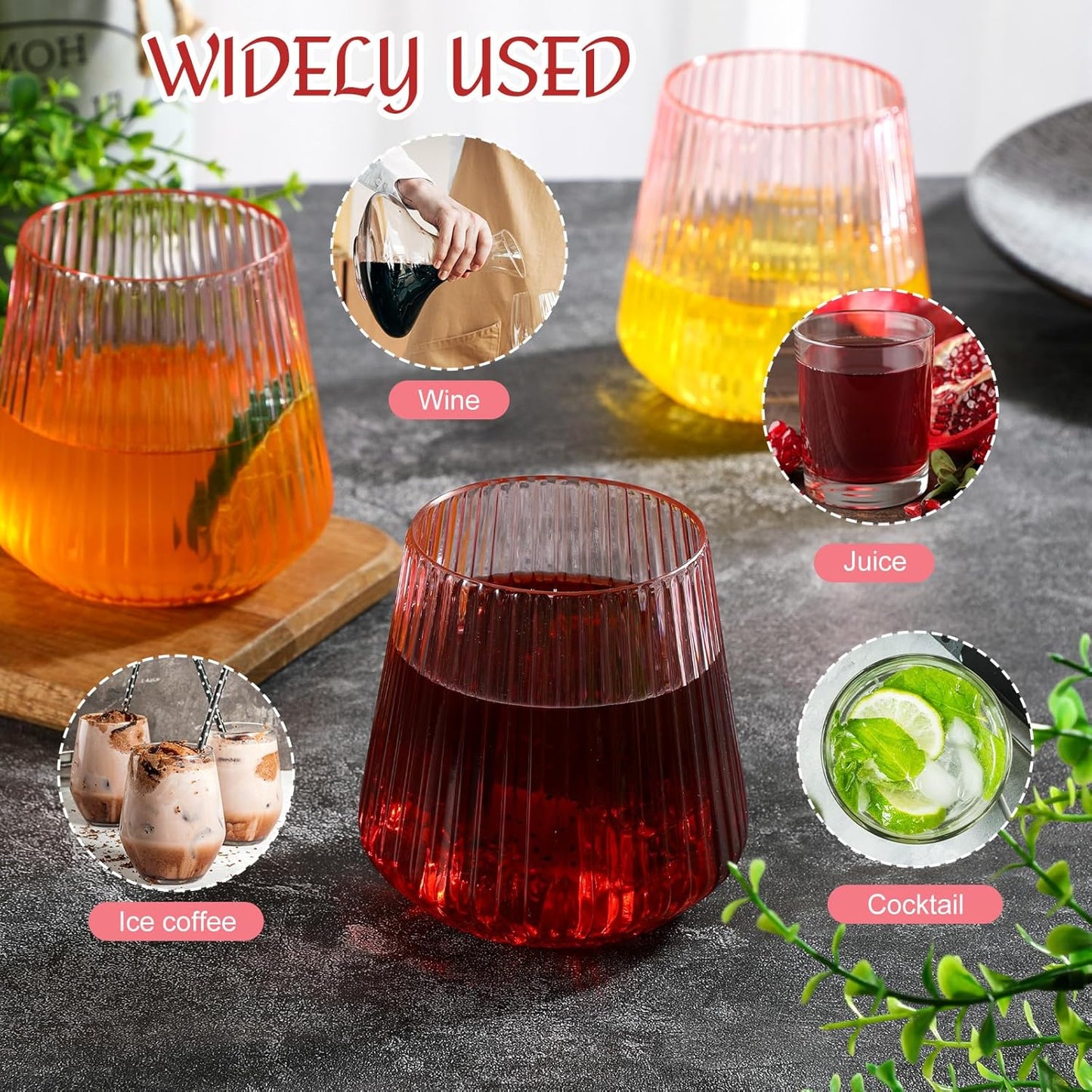 24 Pcs Pink Plastic Wine Glasses Ribbed Disposable Wine Glasses Unbreakable Stemless Champagne Whiskey Cups Ribbed Cocktail Plastic Cups for Wedding Home Office Bar (12 oz,Origami)