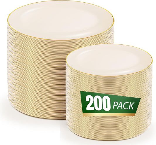 bUCLA 200PCS Ivory Plastic Plates with Gold Rim - Heavy Duty Cream Disposable Include 100 Dinner 10 inch & 100 Dessert 7 inch Plates, Ideal for Party & Thanksgiving