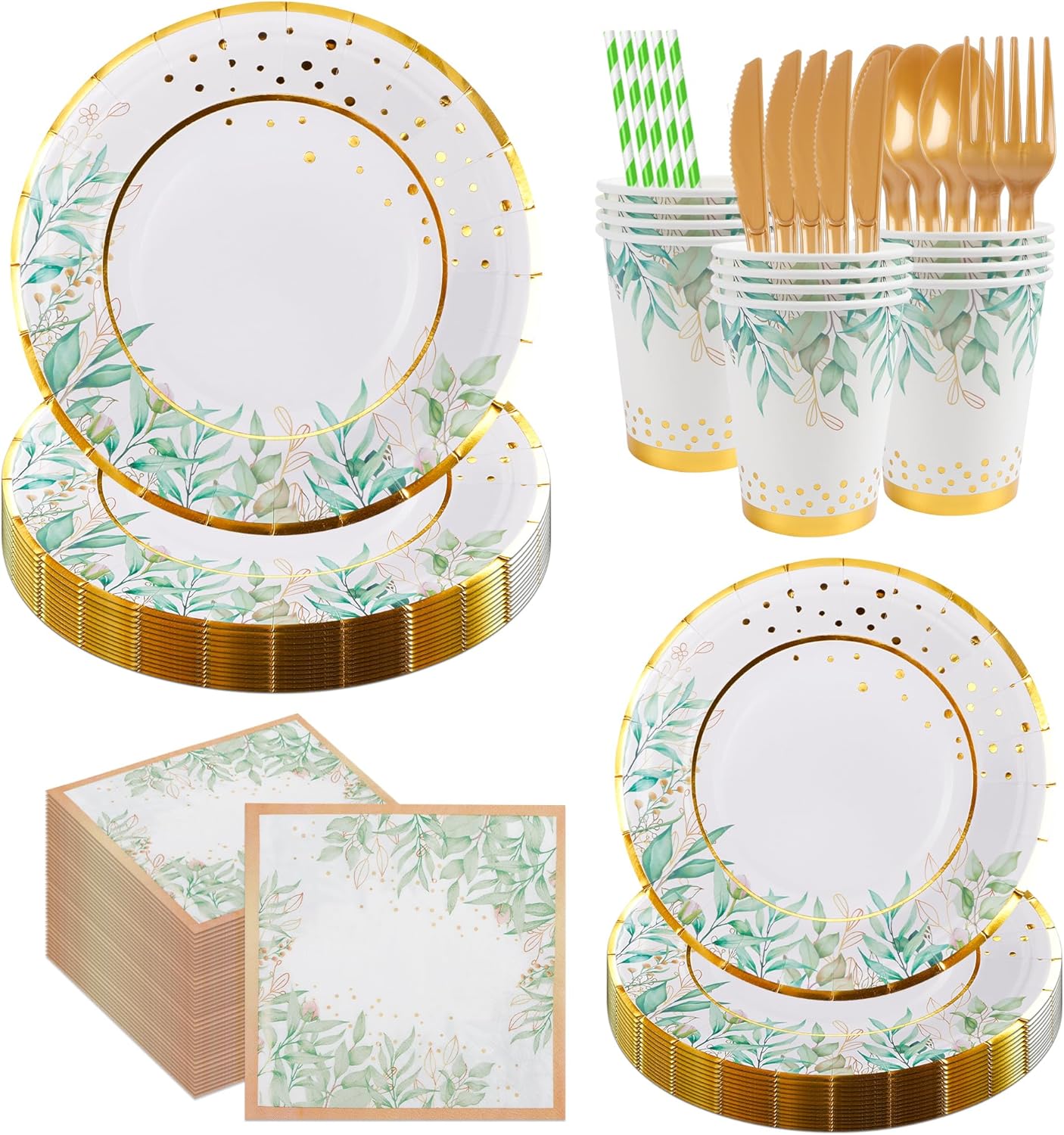 280 Pcs Greenery Plates and Napkins Party Supplies - Serves 35 People - Sage Green Gold Paper Plates Party Cups Forks Knives Spoons Straws Greenery Theme for Baby Showers, Bridal Showers, Tea Parties