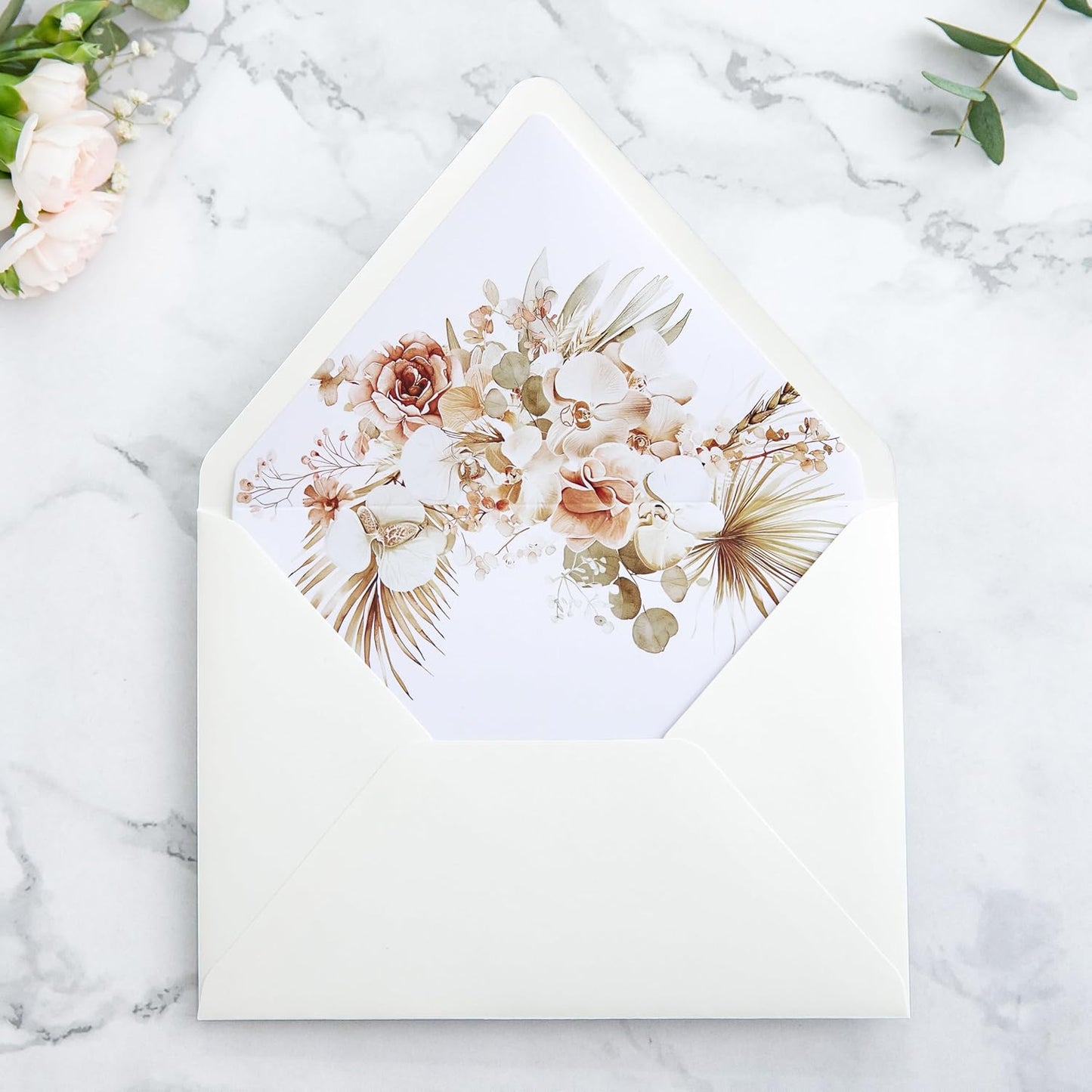 PONATIA 50PCS A7 Euro Flap Ivory Envelope, 5.25 x 7.25'' Boho Flowers Liner Envelopes for Wedding Invitations, Photos, Postcards, Greeting Cards, Acrylic Mailing, 5 x 7 Envelopes