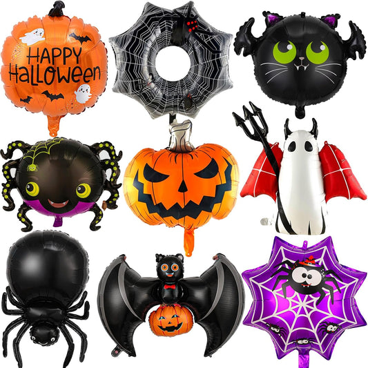 Halloween Balloons Set - 9Pcs Foil Ghost, Spider, Pumpkin & Bat Balloons for Scary Party Decorations, Indoor Outdoor Halloween Party Supplies, Haunted House, Trick or Treat (Style-1)