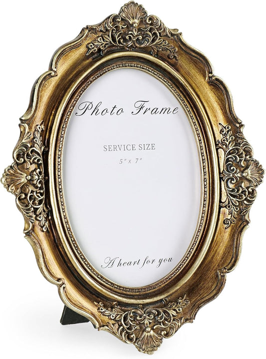 Cuspin 5x7 Gold Frames Vintage Picture Frame, Bronze Gold 5 by 7 Picture Frame Hand-Crafted Resin with Glass Front Ornate Retro Antique Photo Frame for Wall and Tabletop Display Home Decor