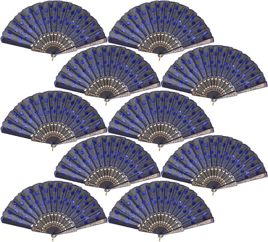 QIRMIZI 30 Pack Fabric Folding Handheld Fans, Perfect for Weddings, Parties, and Dancing,Royal Blue