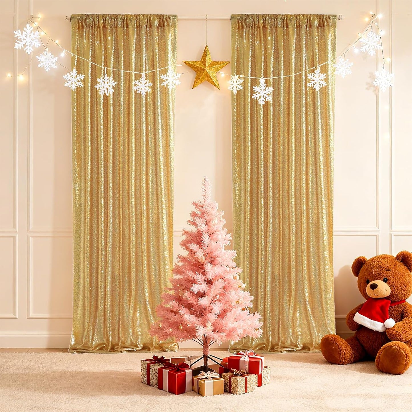 SquarePie Sequin Backdrop Curtain Not See Through Background for Wedding Party 2FT x 8FT 2P Gold