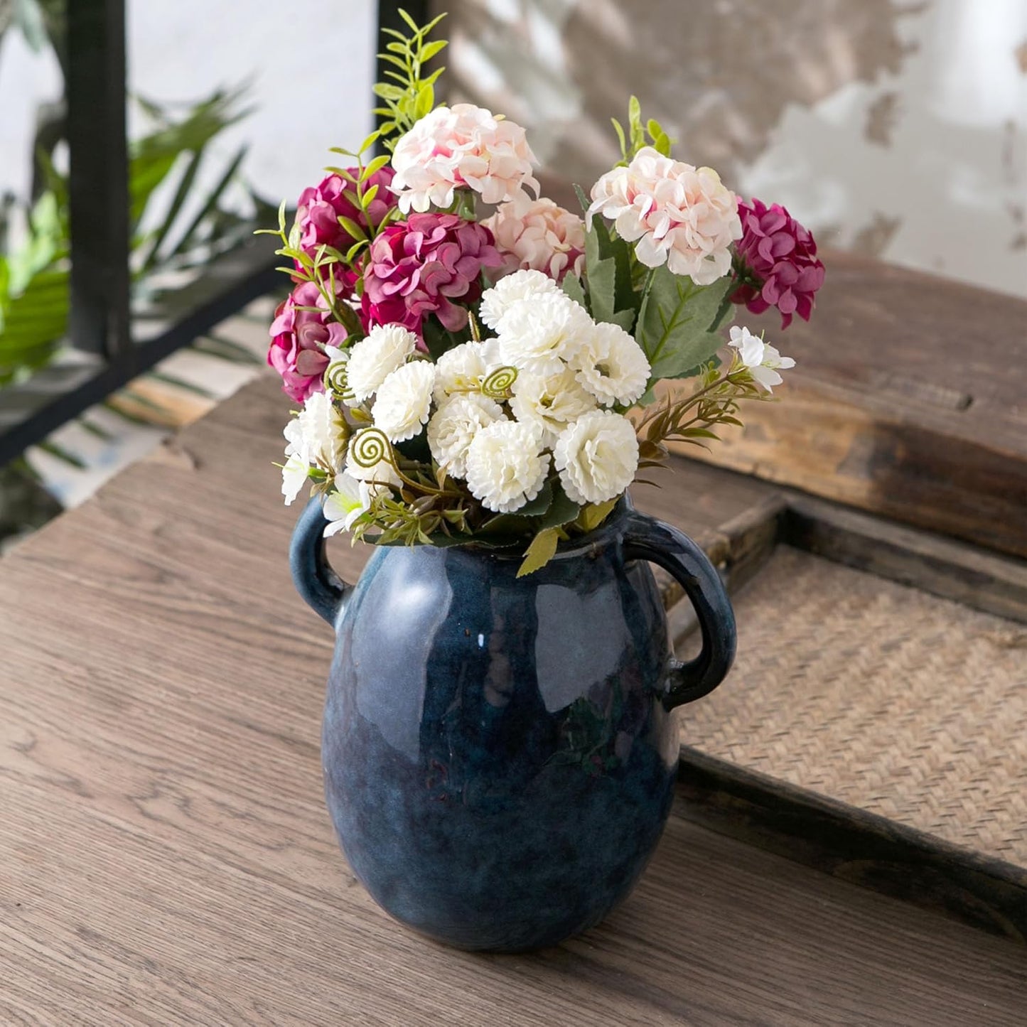 Blue Ceramic Vase with 2 Handles for Modern Farmhouse Home Decor, Vintage Rustic Decorative Vases, Small Vase for Fresh and Dried Flowers, Centerpiece Table Decorations, 7 Inch