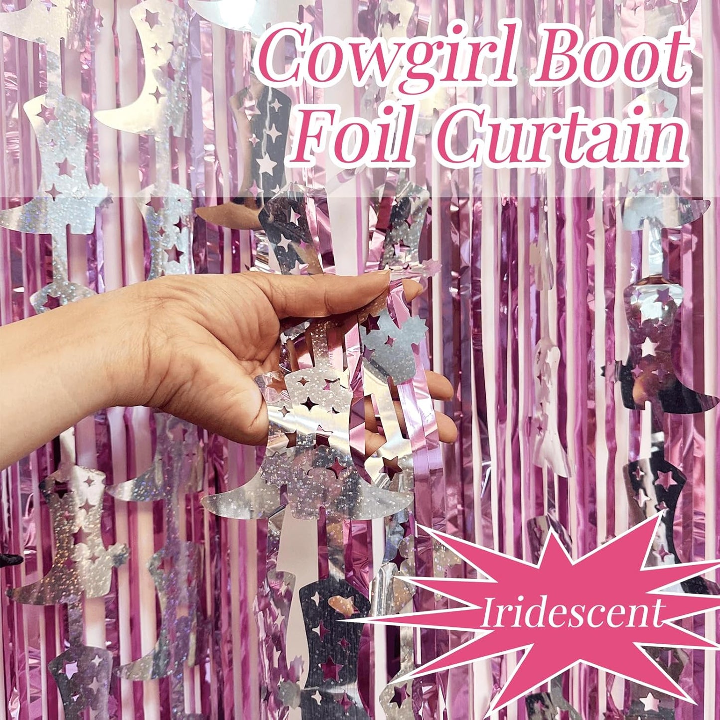 4 Pcs Cowgirl Party Decorations - 2 Boot Silver Metallic Tinsel Fringe Curtains & 2 Candy Pink Backdrops for Birthday Supplies Last Rodeo Bachelorette Wedding Disco Decor