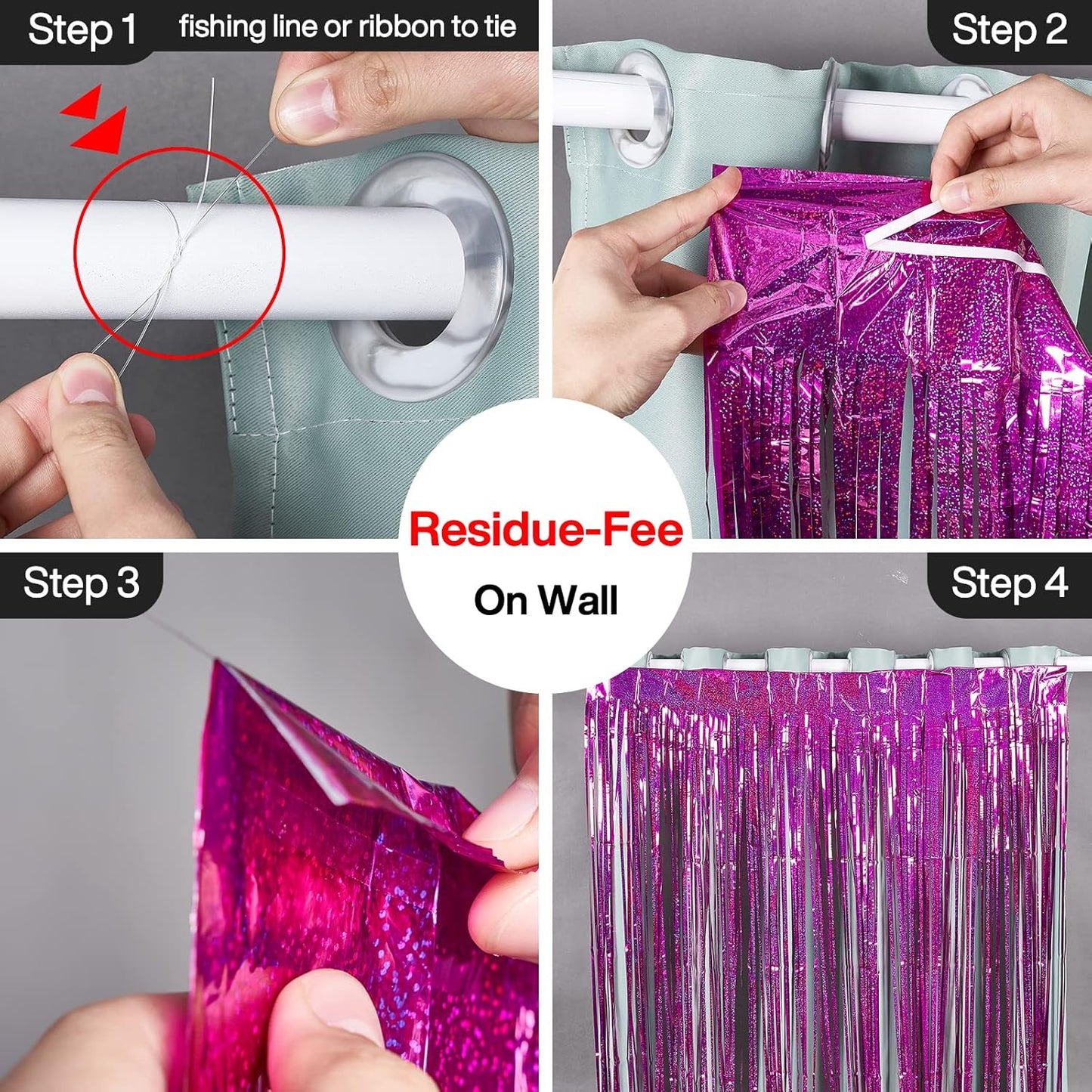 PartyWoo Foil Fringe Curtain Hot Pink, 2 pcs Hot Pink Streamers, Fringe Backdrop, Tinsel Backdrop, Tinsel Curtain, Metallic Door Shimmer, Birthday Party Streamers