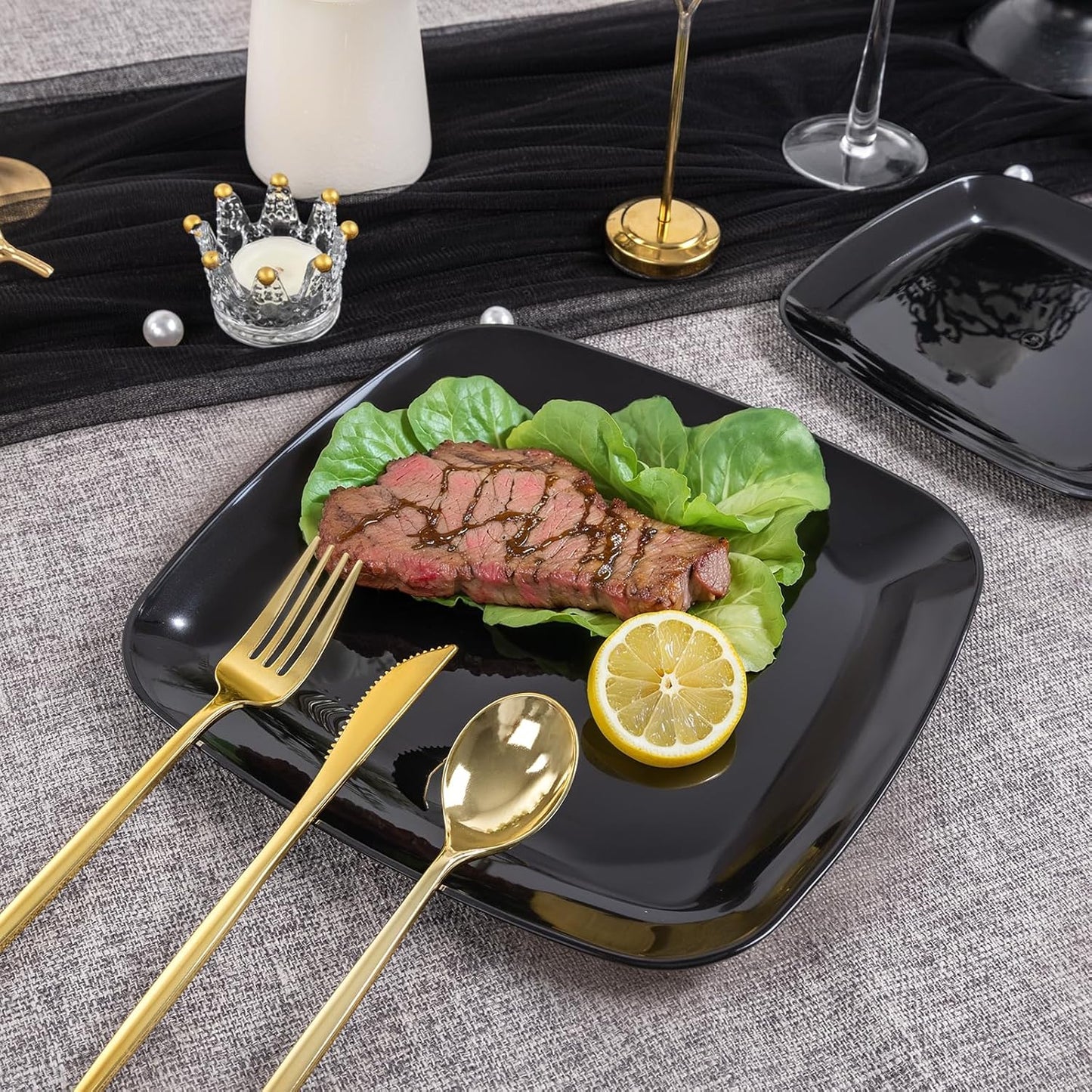 PULOTE 100 PCS Black Square Plastic Plates Disposable - Include 50 Each (10" Dinner & 7.25" Dessert) Plates - Ideal for Party & Halloween