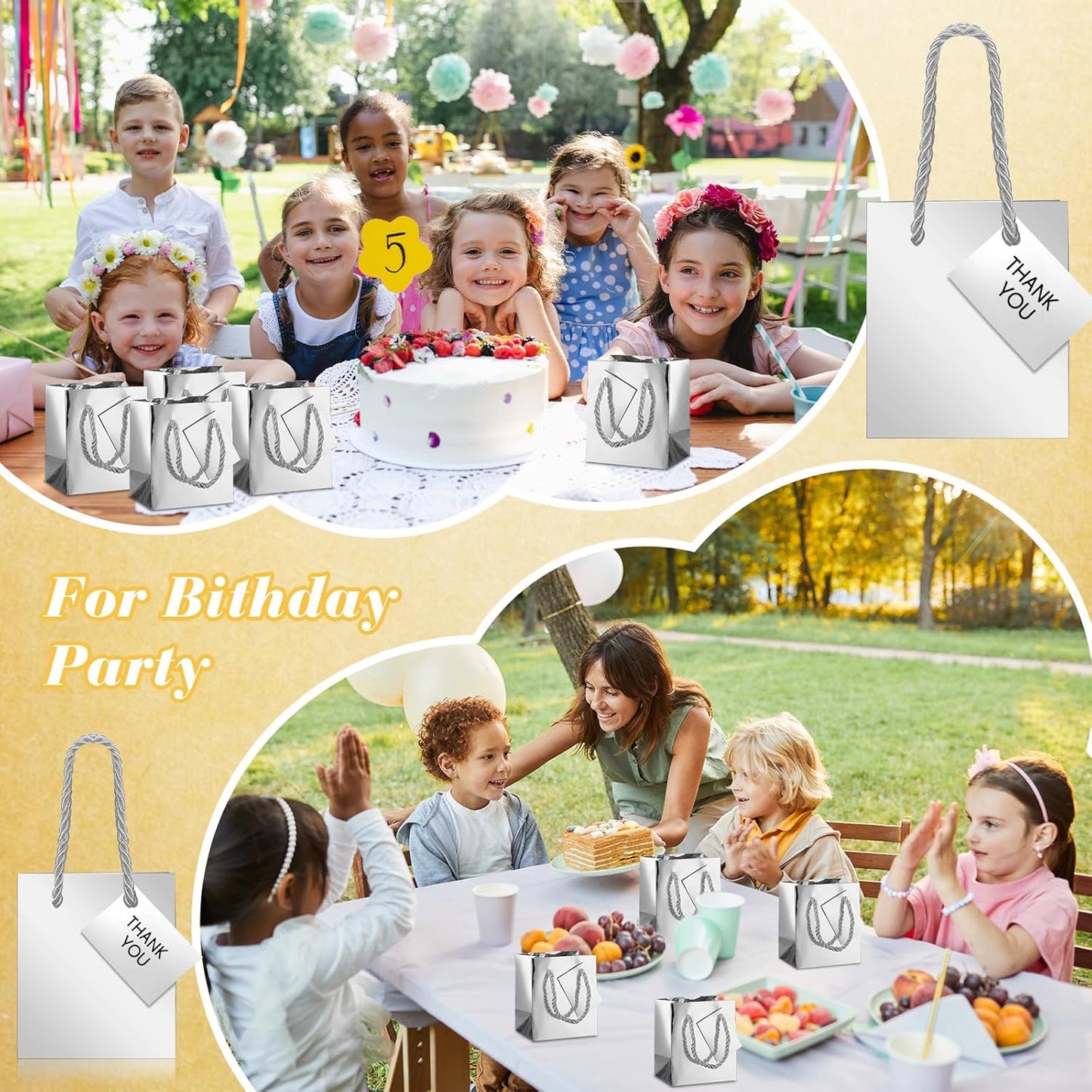 Sherr 100 Pack Mini Gift Bags Bulk, 4 x 2.75 x 4.5 Inches Paper Bags with Tags, Extra Small Paper Gift Boxes with Handles for Birthday, Party Favors, Weddings, Small Business(Silver)