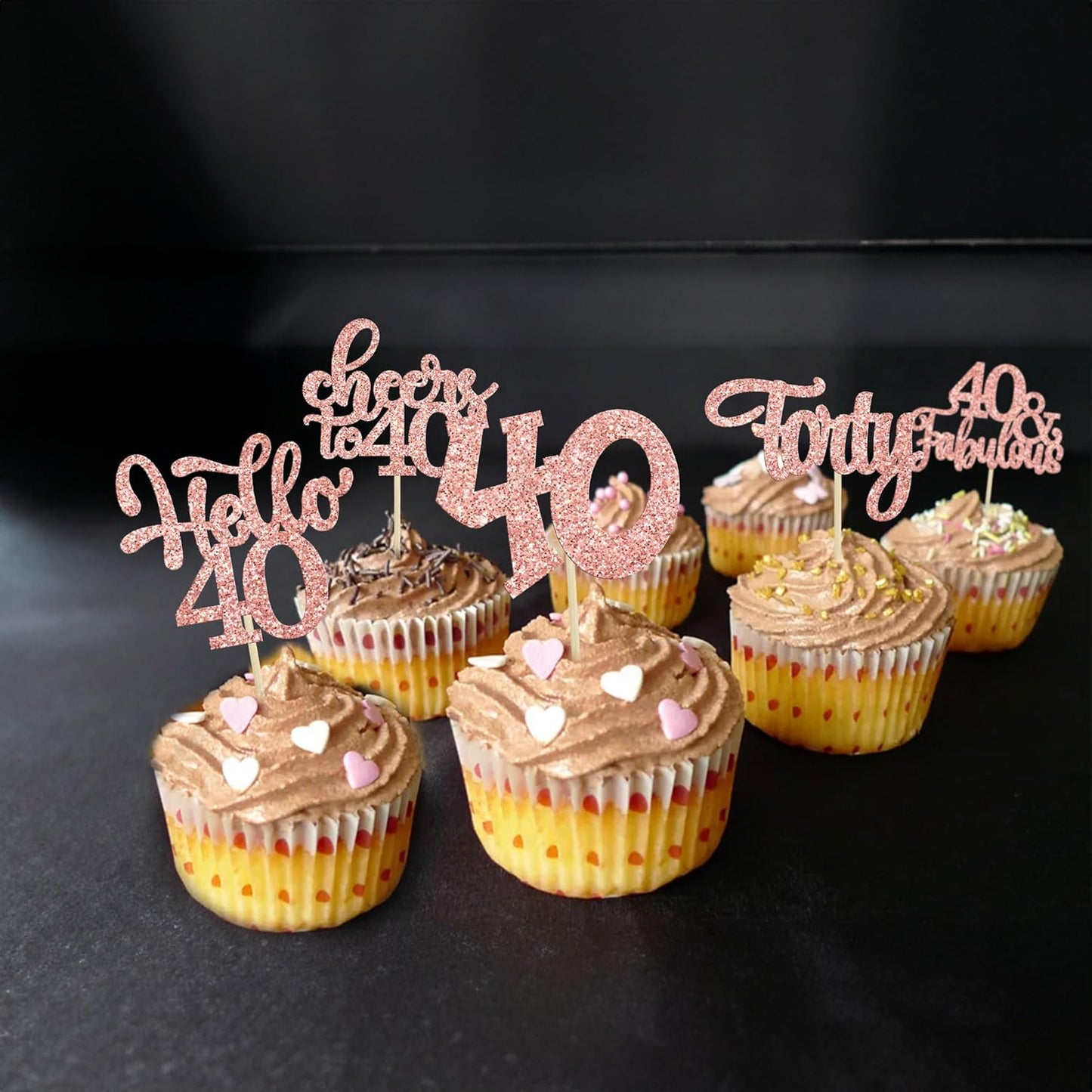 Gyufise 30Pcs Happy 40th Birthday Cupcake Toppers Rose Gold Glitter Forty Cheers to 40 Years Old Birthday Cupcake Picks for Happy 40th Birthday Anniversary Party Cake Decorations