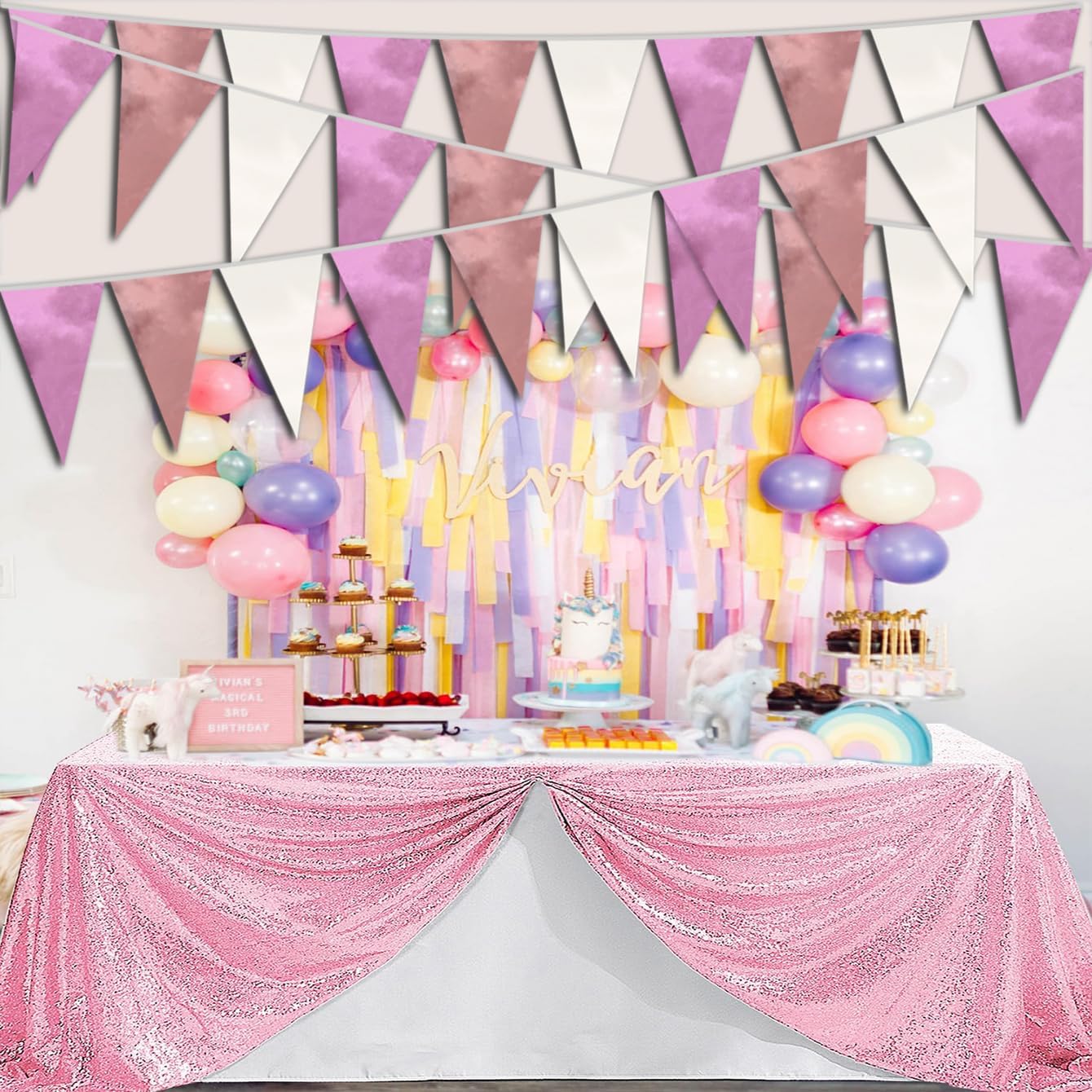 40M/130FT Rose-Gold Pink Triangle Pennant Banner Flag Metallic Fabric Bunting Garland for Christmas Graduation Wedding Engagement Anniversary Bachelorette Birthday Bridal Shower Hen Party Supplies