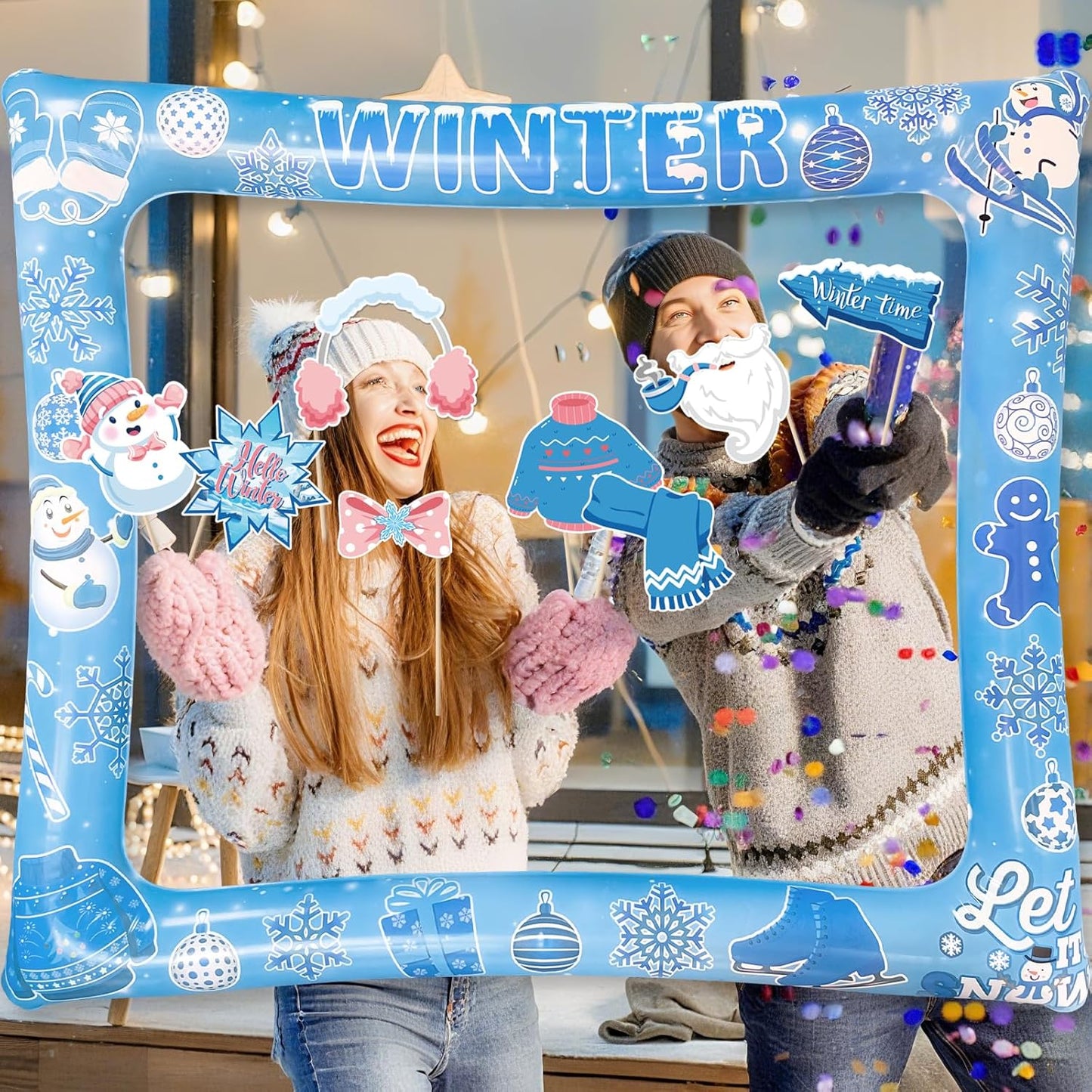 Winter Photo Booth Props Inflatable Frame, 30Pcs Winter Wonderland Photo Props with Inflatable Picture Frame Large for Frozen Holiday Party Selfie Supplies