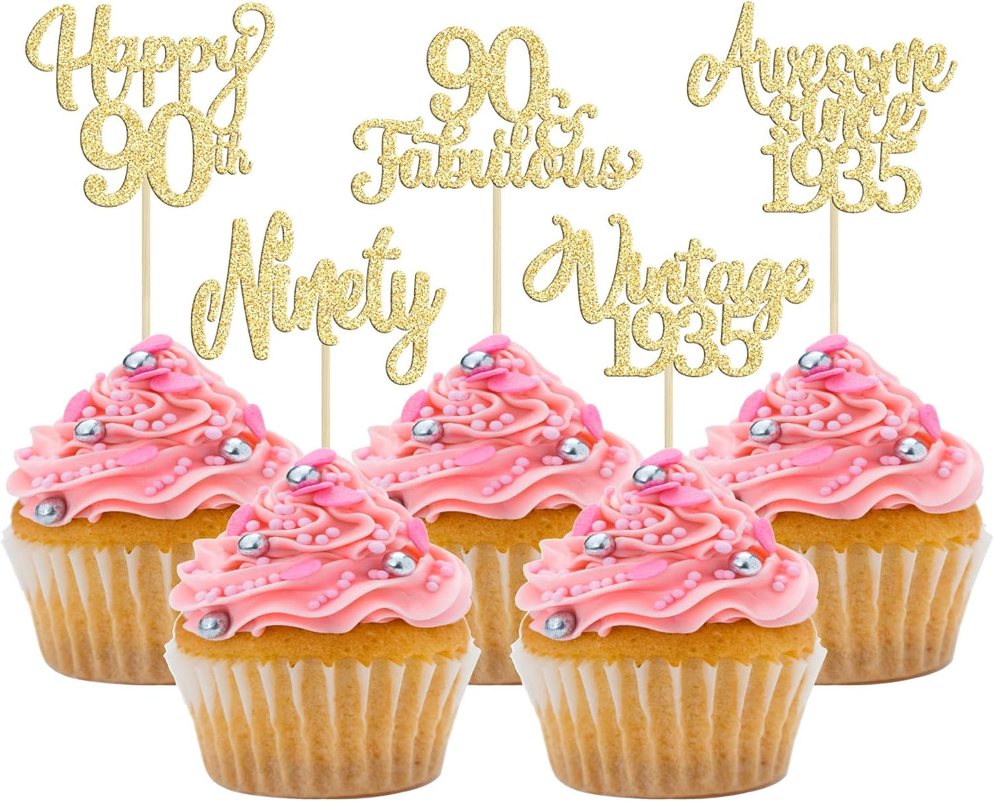 30Pcs Vintage 1935 Cupcake Toppers Glitter Ninety Happy 90th Birthday 90 Fabulous Cupcake Picks Awesome Since 1935 Cake Decorations for 90th Birthday Anniversary Retirement Party Supplies Gold