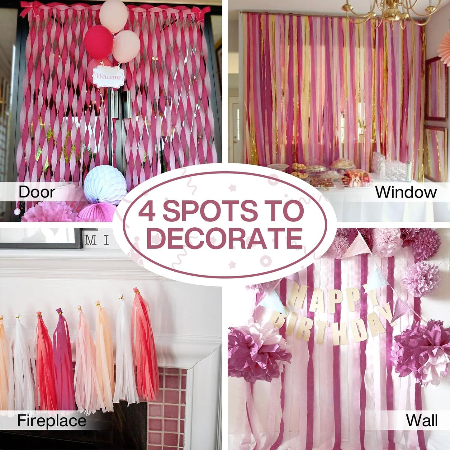 PartyWoo Pink Crepe Paper Streamers 4 Rolls 328 ft Pack of Dusty Pink Crepe Paper for Baby Shower Bridal Shower Gender Reveal Bachelorette Birthday Party Decorations (1.8 Inch x 82 Ft/Roll), Red-806