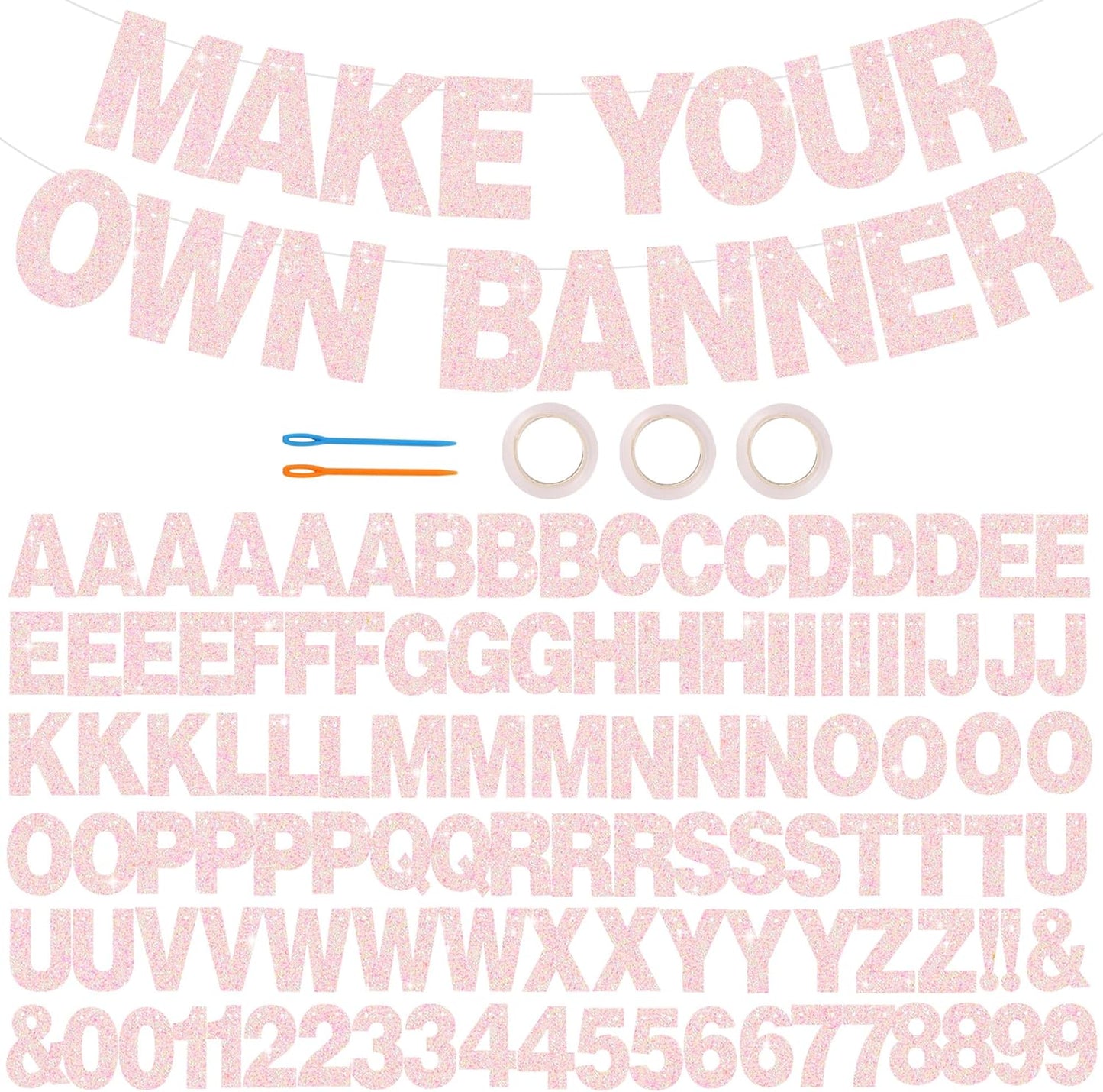BEISHIDA 116 PCS Glitter Color Pink DIY Letter Banner Kit Make Your Own Banner，Including 111 Letters and Numbers 3 Rope and 4 Threading Device,Customized for Birthday Graduation Wedding Party Decor