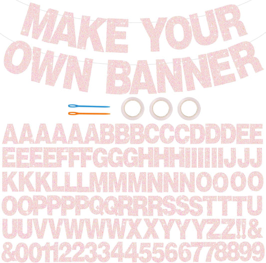 BEISHIDA 116 PCS Glitter Color Pink DIY Letter Banner Kit Make Your Own Banner，Including 111 Letters and Numbers 3 Rope and 4 Threading Device,Customized for Birthday Graduation Wedding Party Decor