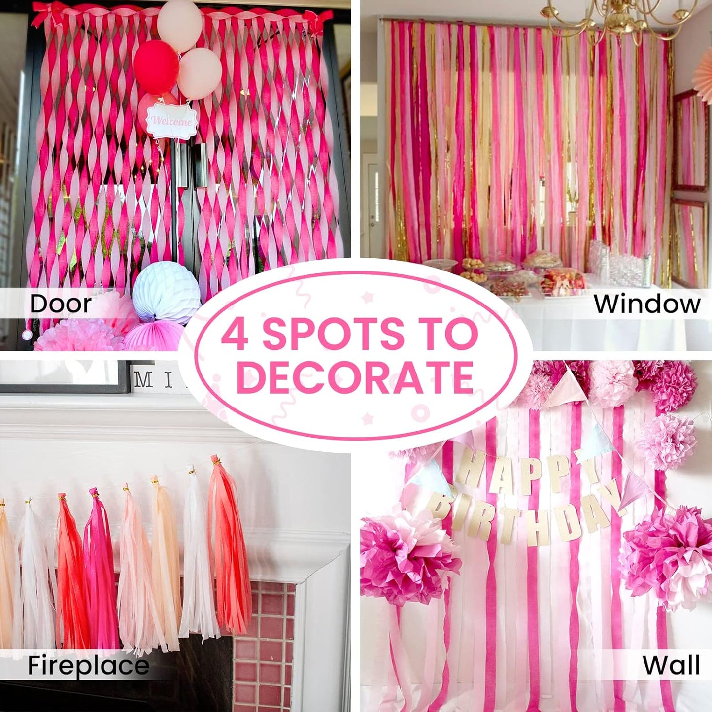 PartyWoo Pink Crepe Paper Streamers 4pcs 328ft Pack of Dark Hot Pink Magenta Fuchsia Crepe Paper Streamers for Birthday Gender Reveal Baby Shower Wedding Bachelorette Princess Party Decorations