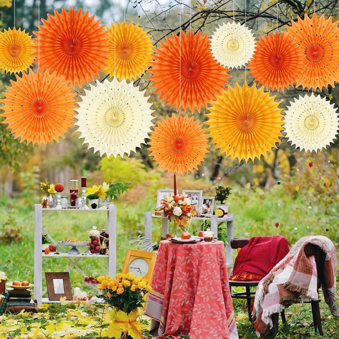 BestoFun 12PCS Orange Paper Fans Fall Party Decorations Tissue Paper Flowers Decorations for Girl Groovy Birthday Baby Shower Wedding Autumn Halloween Thanksgiving Room Wall Hanging Décor