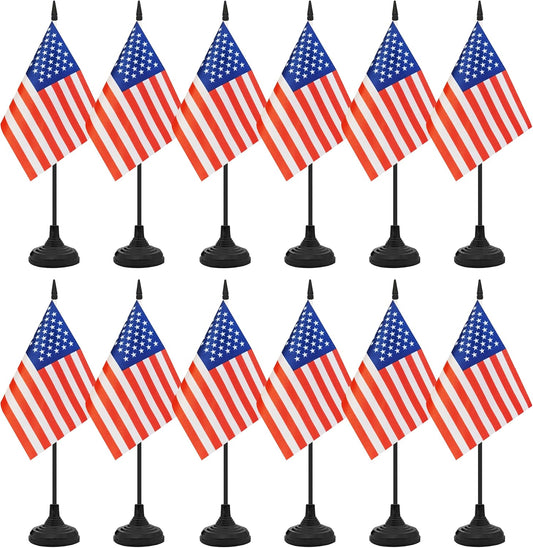 12 Pack USA Desk Flag Set, American Table Office Flag, Small Miniature Desktop Flag With Black Pole and Black Base, Classroom, Offices Meeting Desk Decoration (USA)