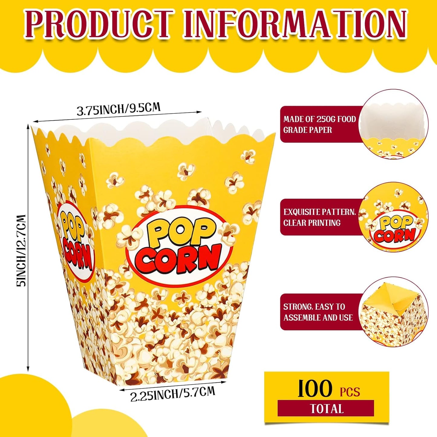 Panelee 100 Pack Popcorn Boxes for Movie Night 24oz Popcorn Disposable Paper Bucket Bags Bulk Snack Container Cups Holder for Christmas Party Carnival