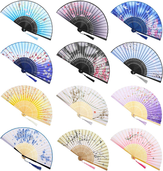 12 Pcs Fans for Line Dancing Vintage Silk Floral Folding Fan Chinese Hand Fans for Women Bulk Bamboo Handheld Fan with Tassel for Wedding Party Cosplay Supplies
