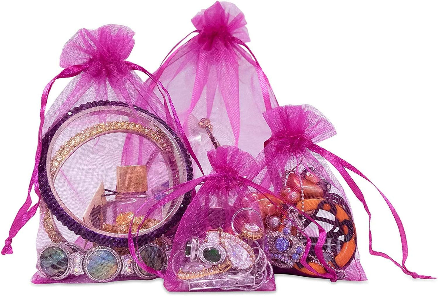 TheDisplayGuys 48-Pack 2" x 2-3/4" Hot Pink Sheer Organza Gift Bags with Drawstring, Jewelry Candy Treat Wedding Party Favors Mesh Pouch