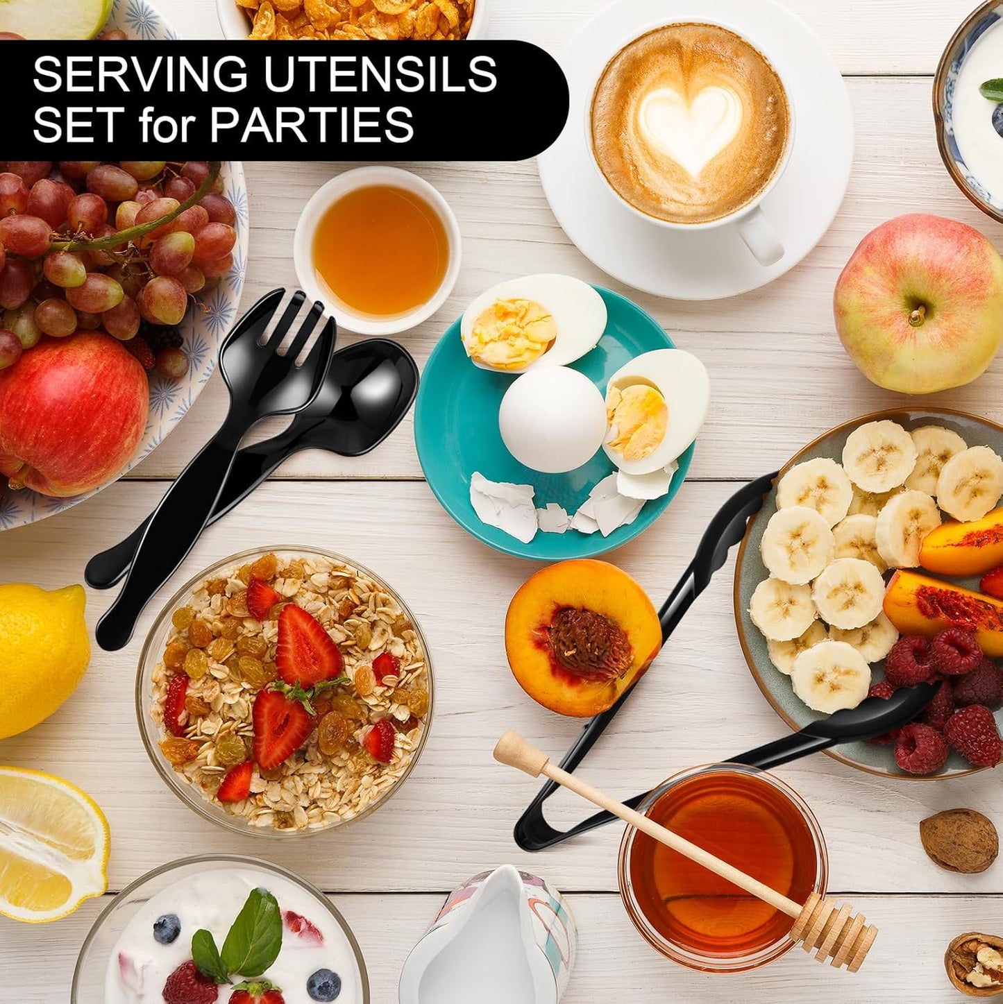 60 Pcs Disposable Black Plastic Serving Utensils,20 Set Including 9" Plastic Serving Spoons, Forks and Tongs for Dinner Parties, Buffets,Banquets, Events, Weddings, and Daily Use