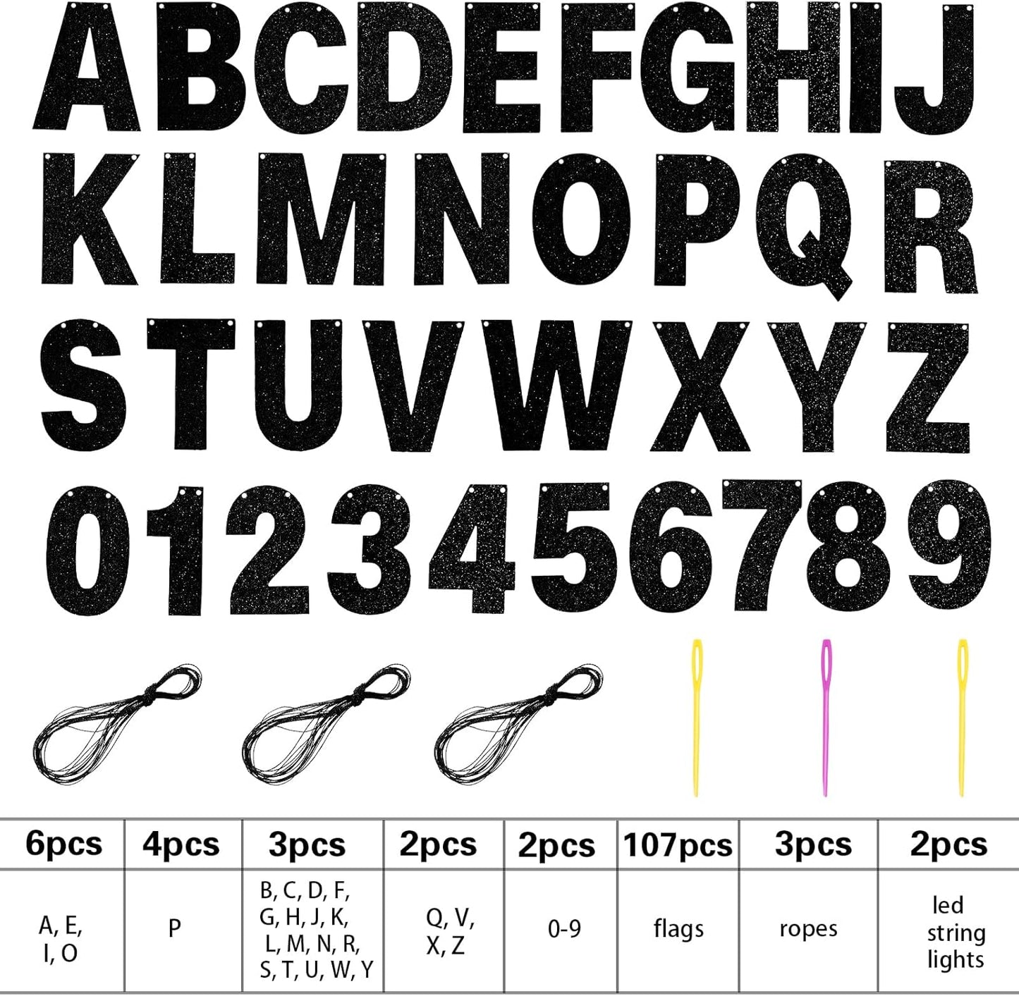 TaoBary 112 Pcs DIY Letter Kit Glitter Customizable Banner Letters Include 107 Letters and Numbers 3 Rope and 2 Needles for Birthday Halloween Christmas Wedding Valentine Party Decor(Black)