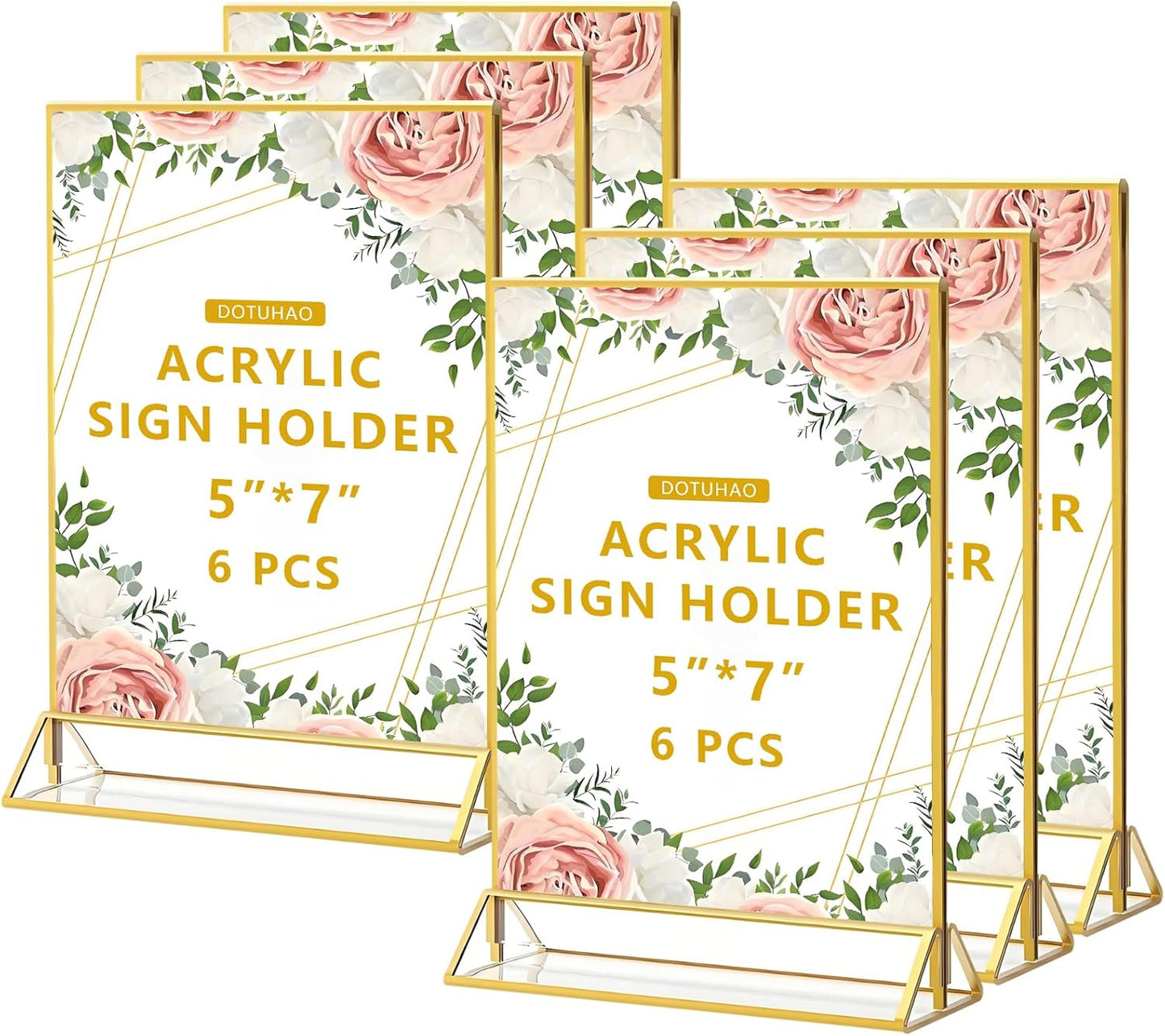 Acrylic Sign Holder, 5 x 7 Inch Gold Frames, Double-Sided Display Stand Picture Frames, Table Signs Holders for Table Menus, Offices, Weddings, Flyers and Photo (Gold, 5 x 7 Inch (6 Pcs))